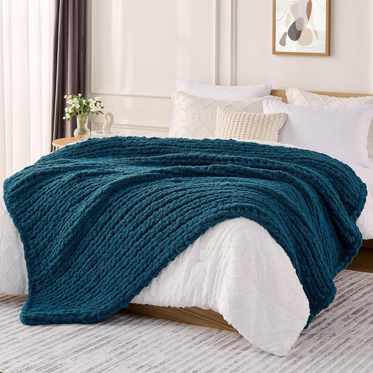 L'AGRATY Chunky Knit Blanket Throw: 80''x90'' Chenille Chunky Knitted Throw Blankets for Bed Couch - Handmade Thick Big Cable Knit Blanket - Large Crochet Rope Blankets for Home Decor(Blue)