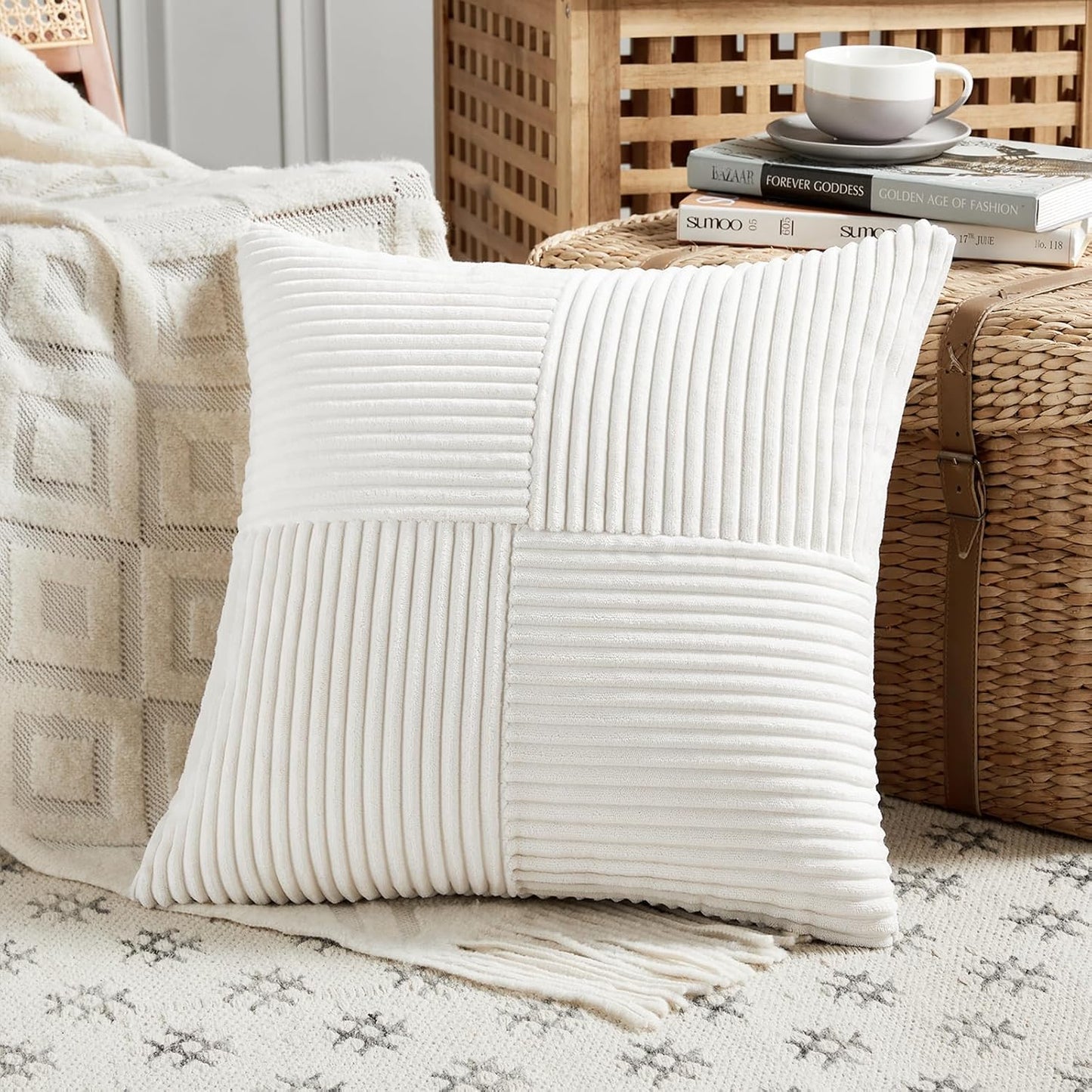 Fancy Homi 2 Packs Cream White Decorative Throw Pillow Covers 18x18 Inch for Living Room Couch Bed Sofa, Farmhouse Boho Home Decor, Soft Corss Corduroy Patchwork Textured Square Cushion Case 45x45 cm