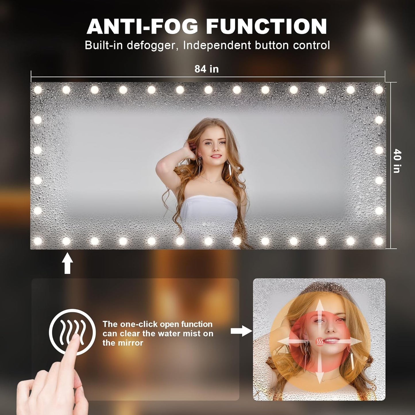 Hasipu LED Bathroom Mirror with Lights, 84" x 40" Hollywood Wall-Mounted Bathroom Mirror with 34 Dimmable Bulbs, 3 Colors Modes, Touch Control, Anti-Fog, Memory Function, Shatter-Proof, ETL Listed