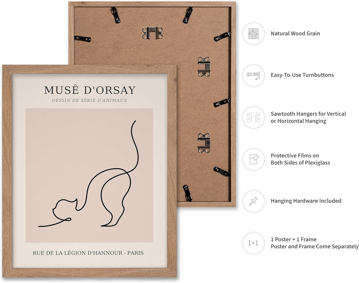 Poster Master Vintage Poster - Retro One Line Cat Drawing Print - Cat Art - Minimal Gift for Men, Women, Animal Lover - Abstract Wall Decor for Home, Office, Bedroom, 11x14 Beige Framed