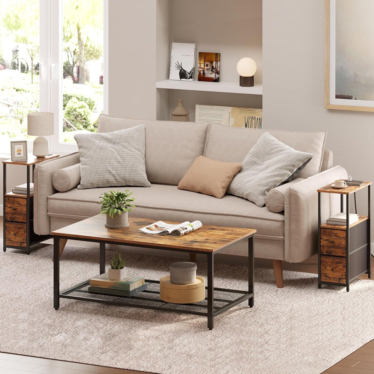 TUTOTAK Small Narrow End Table with Charging Station, Side Table with Outlets, Nightstand with 2 Cloth Drawers, Couch Table, for Living Room, Bedroom, Bedside, Brown TB01BB085