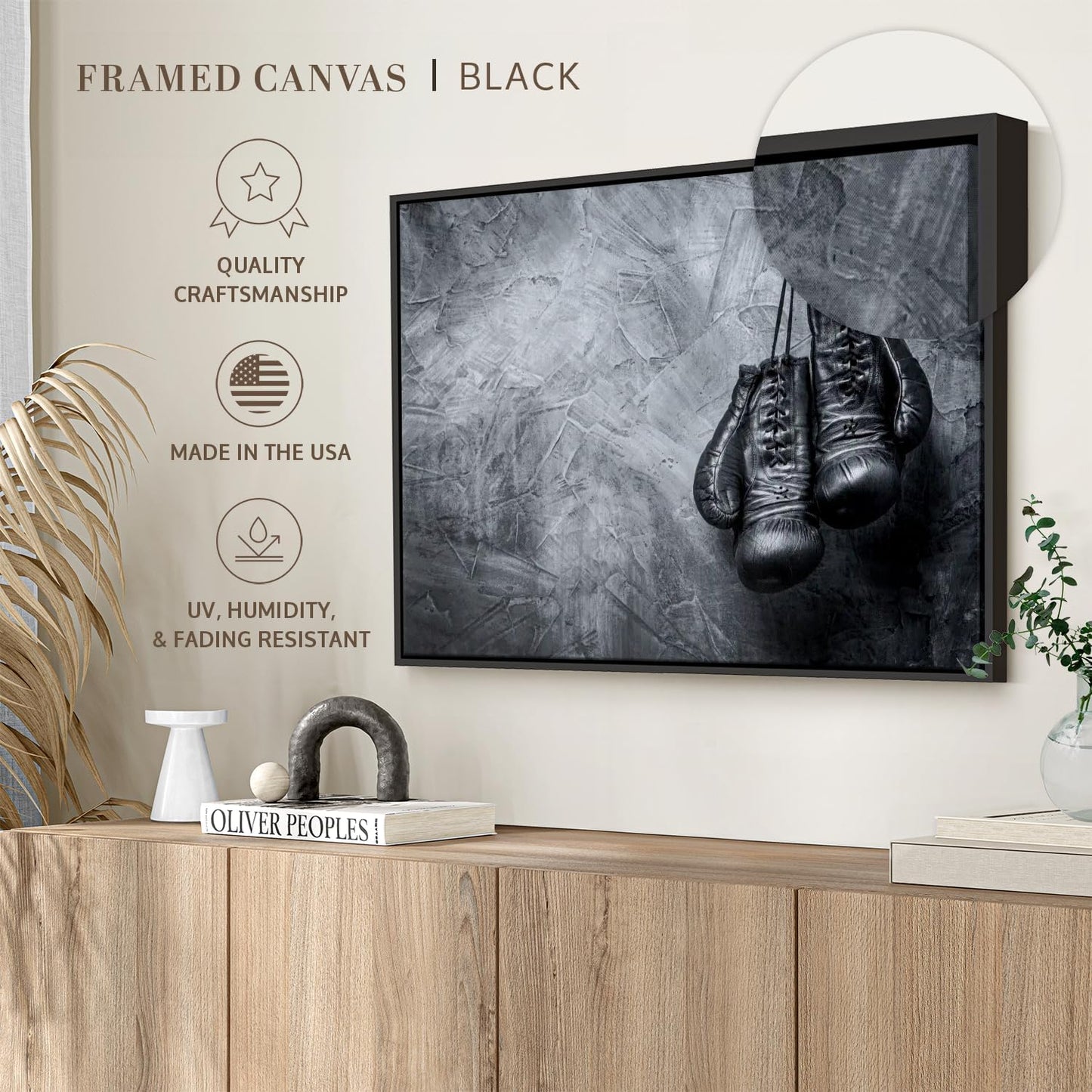 ElephantStock Boxing Gloves Wall Art - Horizontal Framed Canvas - 1-Piece Living Room Wall Decor - Photography Sports Canvas Print - Black and Gray Decor for Wall - 19" X 13"