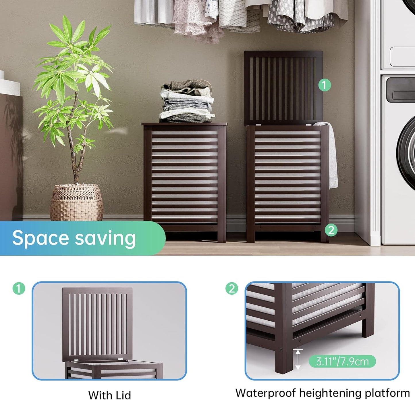 SMIBUY Double Laundry Hamper with Lid, 120L Bamboo Laundry Basket with Removable Liner Bag, 2-Section Clothes Divider Laundry Sorter for Laundry Room, Bathroom, Bedroom (Dark Brown)