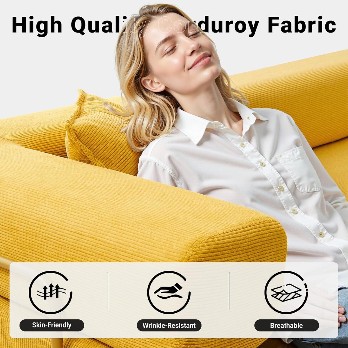 108" Oversized Convertible Sleeper Sofa Bed, Corduroy L Shape Sectional Couch, Folding Sofa Bed with Side Pocket, Modern Cloud Floor Mattress Couch, Modular Sofa for Living Room, Yellow