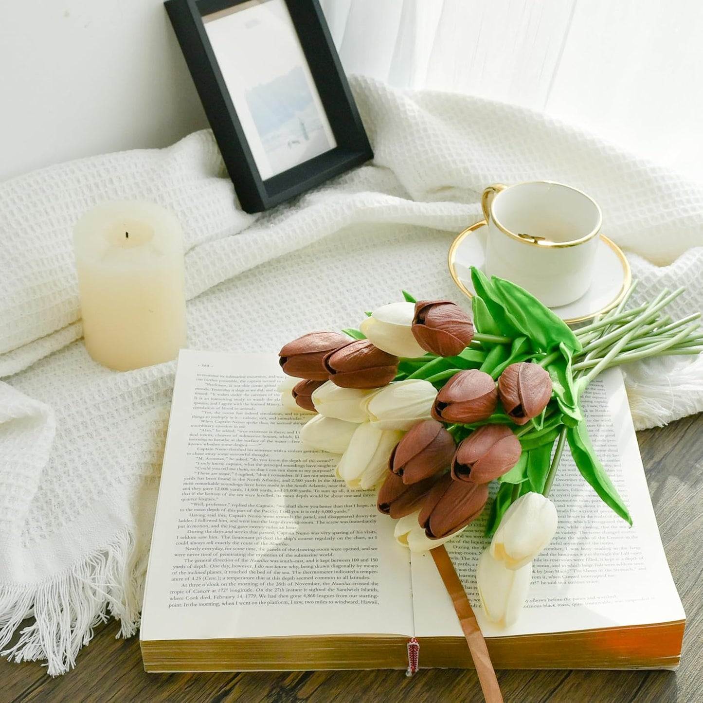 Mandy's Artificial Tulips 20 Stems White and Brown PU Faux Flowers for Wedding Home Decor 13.5 Inch