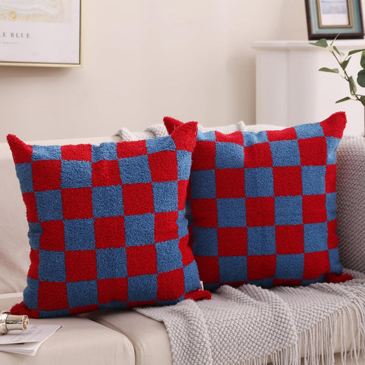 Alysheer Checkered Embroidered Decorative Throw Pillow Covers 18"x 18" Set of 2, Classic Chic Red Blue Plaid Tufted Patterned Cotton Canvas Cushion Case for Sofa Couch Bed Living Room