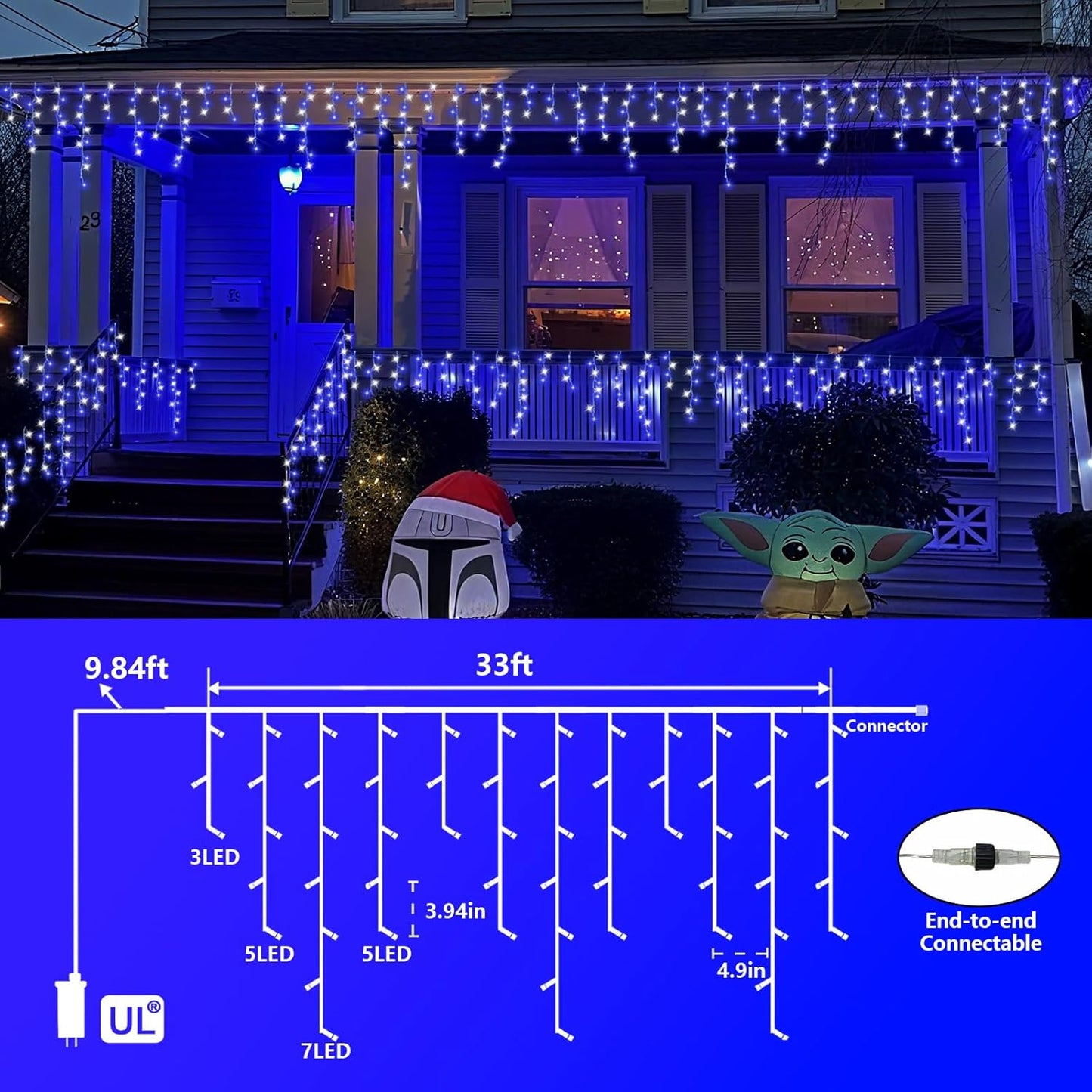 QITONG 400 LED Icicle Lights Blue and White