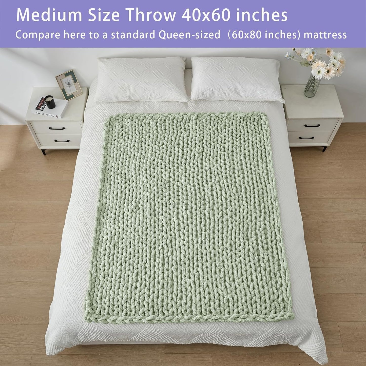 Bigacogo Chunky Knit Throw Blanket for Couch, 40x60 inches, 100% Hand Knitted with Thick Jumbo Chenille Yarn, Cozy Soft Large Rope Knot Cable Crochet Blankets for Sofa Bed Living Room, Sage Green