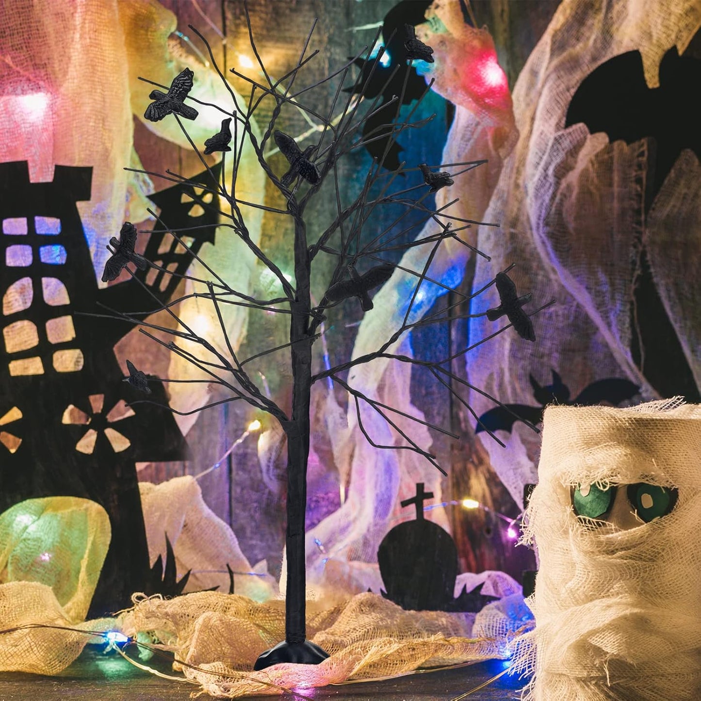 Amyhill 2 Pcs Halloween Village Trees With Black Crows - Artificial Bare Branch Tree Figurine Set for Home Decor and Village Accessories