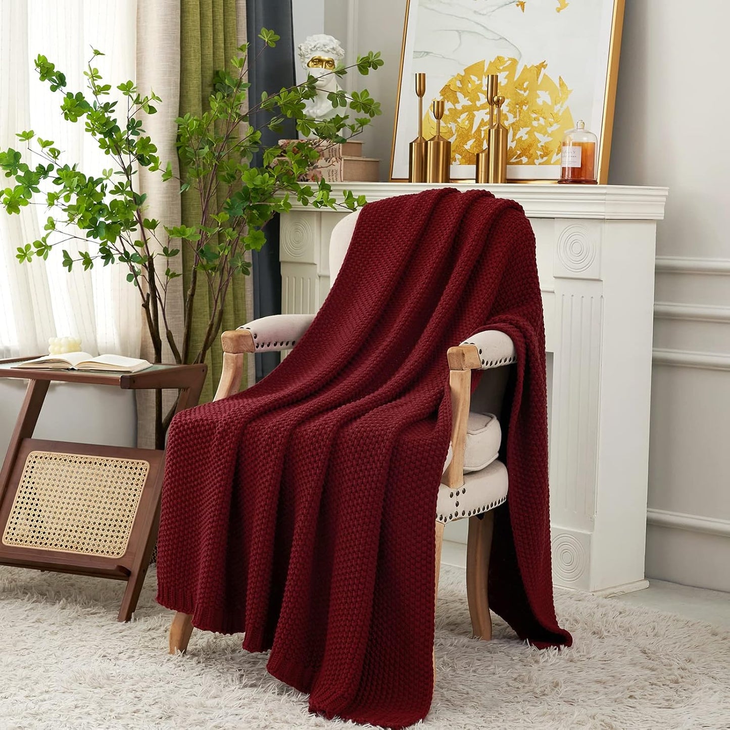 Chunky Cable Knit Throw Blanket Lightweight Wine red 100% Organic Cotton Blanket for Sofa Couch Bed Baby Nursery, Rustic Shabby Chic Modern Farmhouse, 60” x 80” Give Laundering Bag