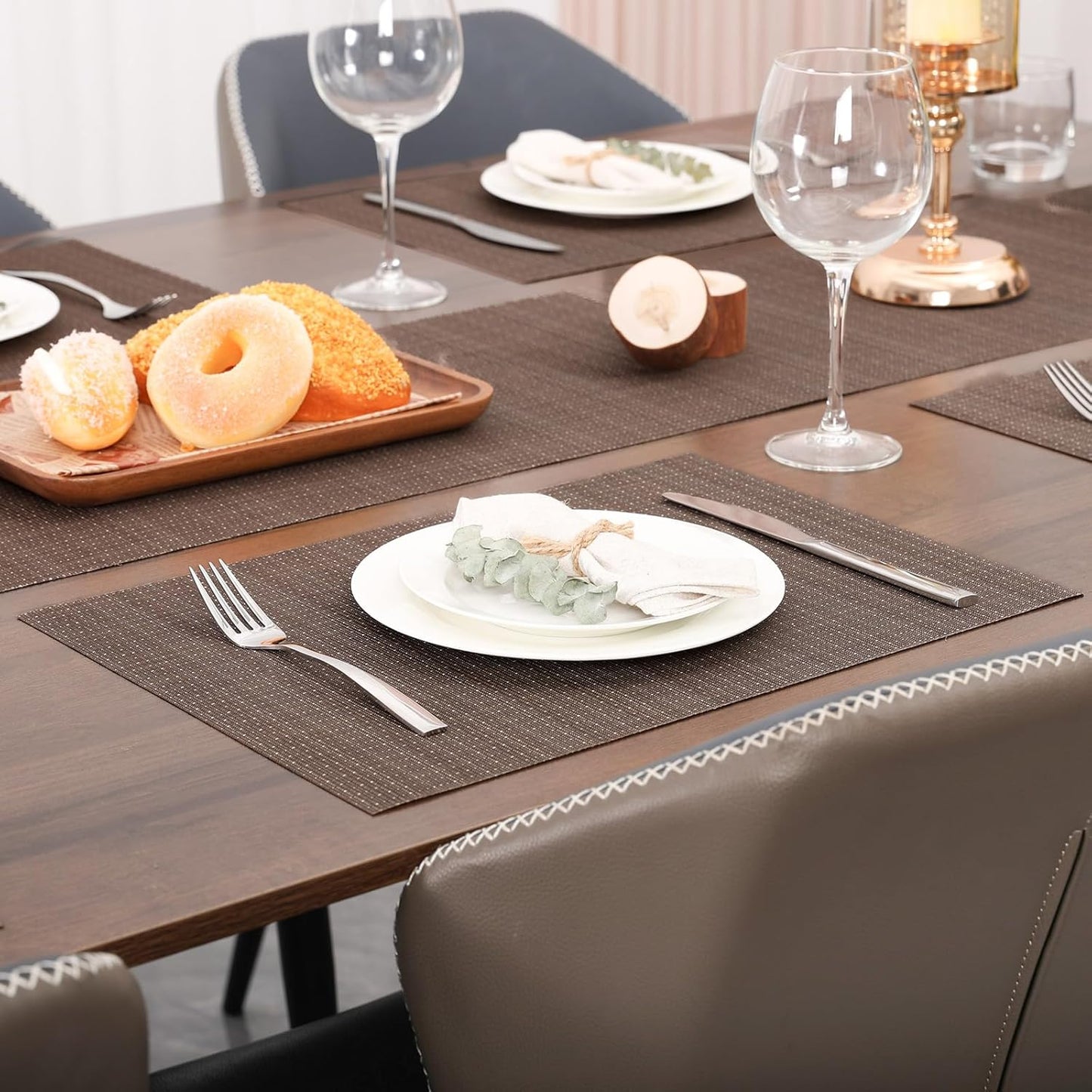 Myir JUN Placemats Set of 6, Vinyl Woven Placemats Place Mats Indoor Washable Table Mats Non-Slip Place mats for Dining Table (Coffee, Set of 6)