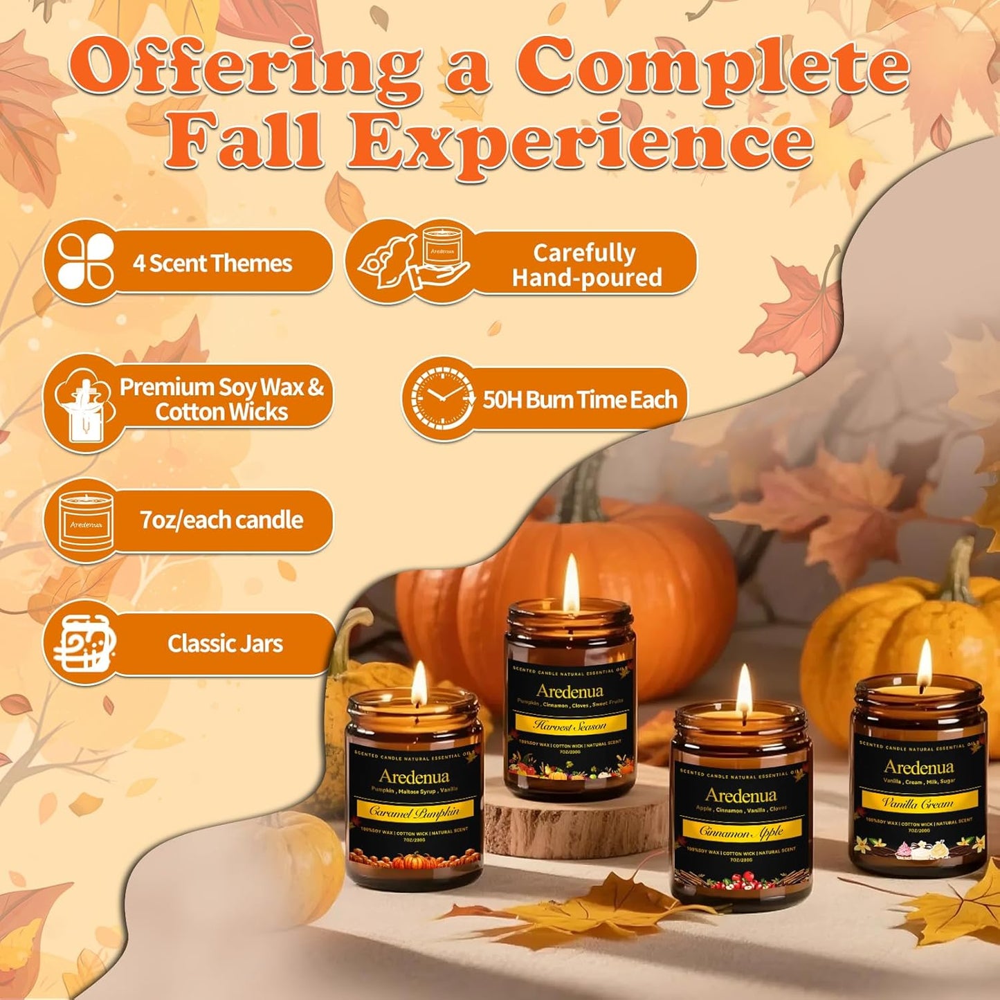 Fall Candles Set | 4 Pack Autumn Scented Candles - Fall Candle Gifts for Women Men, Soy Candles for Home Scented - Autumn Scent of - Pumpkin/Cinnamon Apple/Harvest/Vanilla Cream