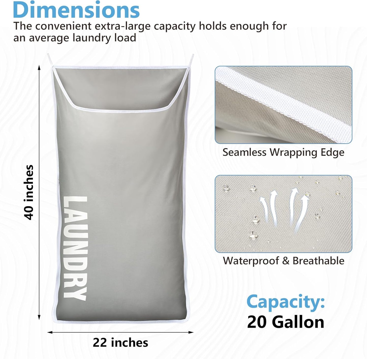 Hanging Laundry Hamper Bag XL 40x22", Space Saving over the Door Storage Bags, Behind the Door Hampers for Dirty Clothes & Wall Mounted Basket for Bathroom, Organizer for Small Room Spaces RV