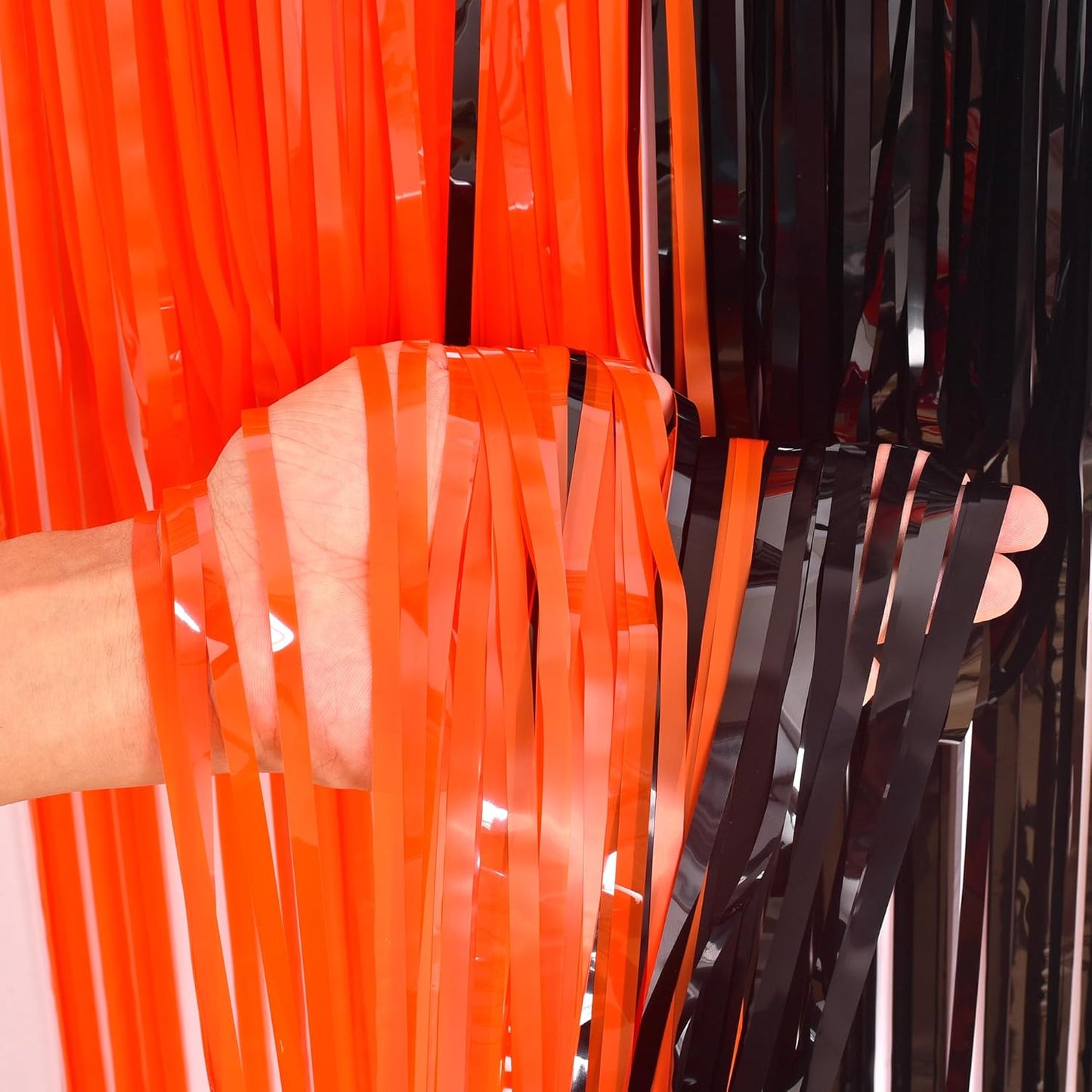 BRAVESHINE Tinsel Photo Backdrop Curtains - 2 Pack 3.2x8.2ft Black Orange Foil Fringe Streamer Curtain for Birthdays, Halloweens, Basketball, Pumpkins, Home, Indoor or Outdoor Party Decorations