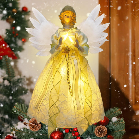 YOFIT 12-inch Lighted Angel Christmas Tree Topper - Battery Operated with Warm White LED Lights, Angel Ornaments for Xmas Tree Decor, Home Holiday Decorations
