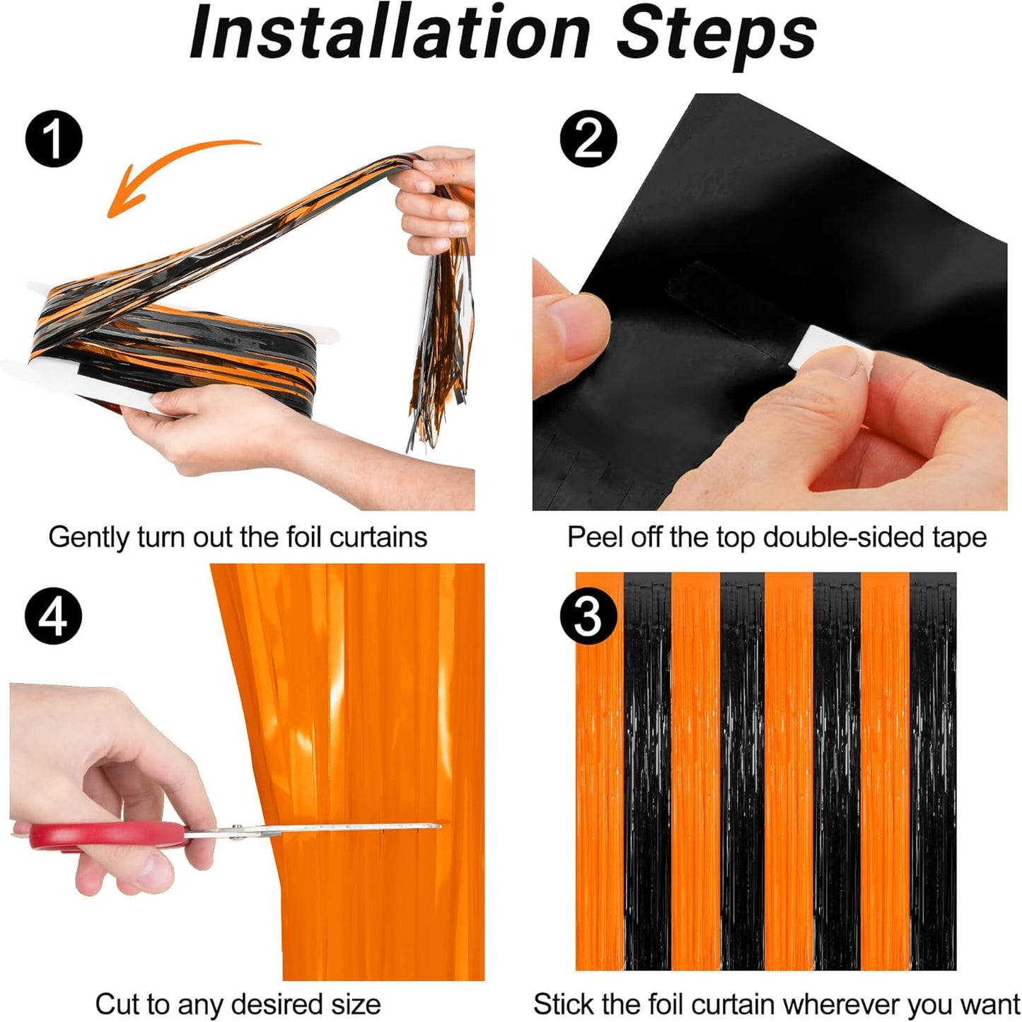 2 Pack Halloween Photo Backdrop, 3.28 FT x 7.05 FT Orange and Black Party Streamer, Metallic Foil Fringe Curtains Tinsel Backdrop, Halloween Birthday Party Decorations Hanging Decor Indoor