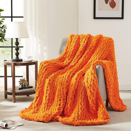 L'AGRATY Chunky Knit Blanket Throw: 72''x84'' Chenille Chunky Knitted Throw Blanket for Bed Couch - Handmade Thick Big Cable Knit Blanket - Large Chunky Crochet Rope Blanket for Home Decor(Orange)