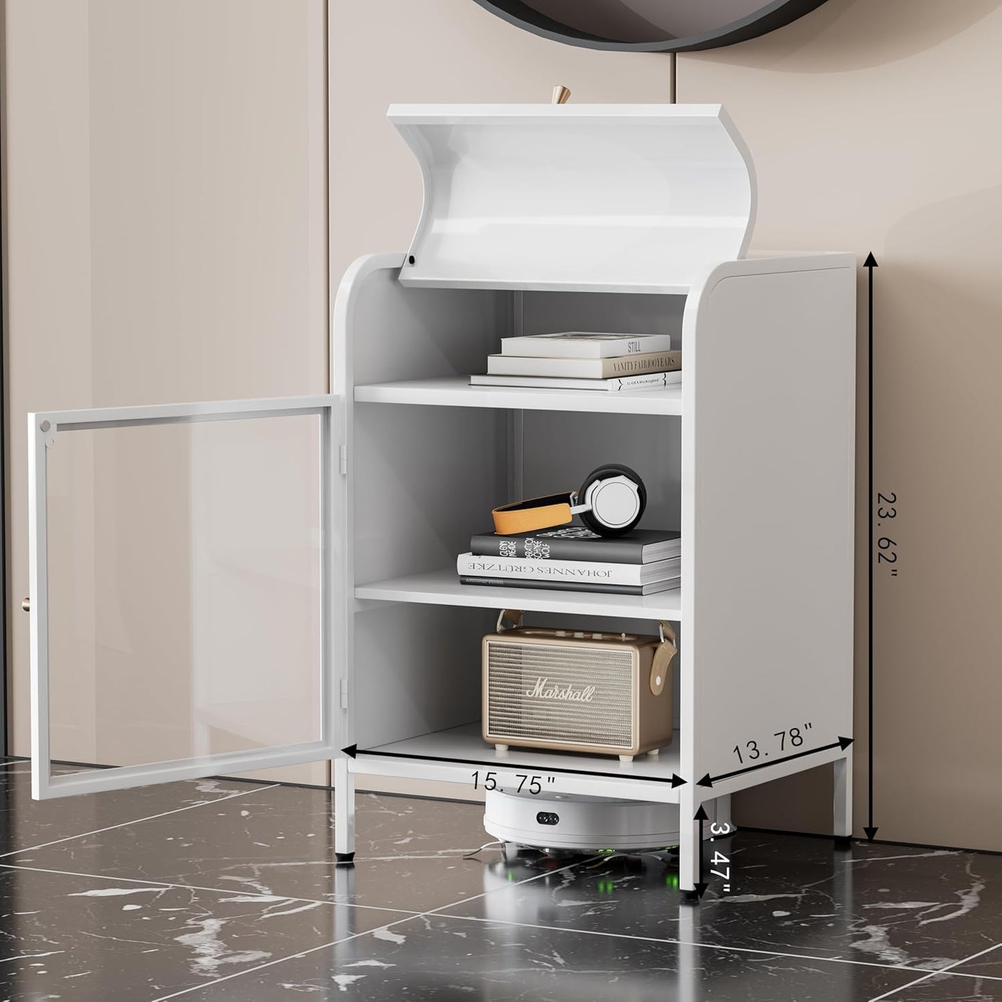 Modern Metal Side Tables, End Tables with Glass Door, 2-Tier Nightstands with Storage Shelves, Accent Table, Slim Sofa Table for Living Room, Bedroom (1, White)