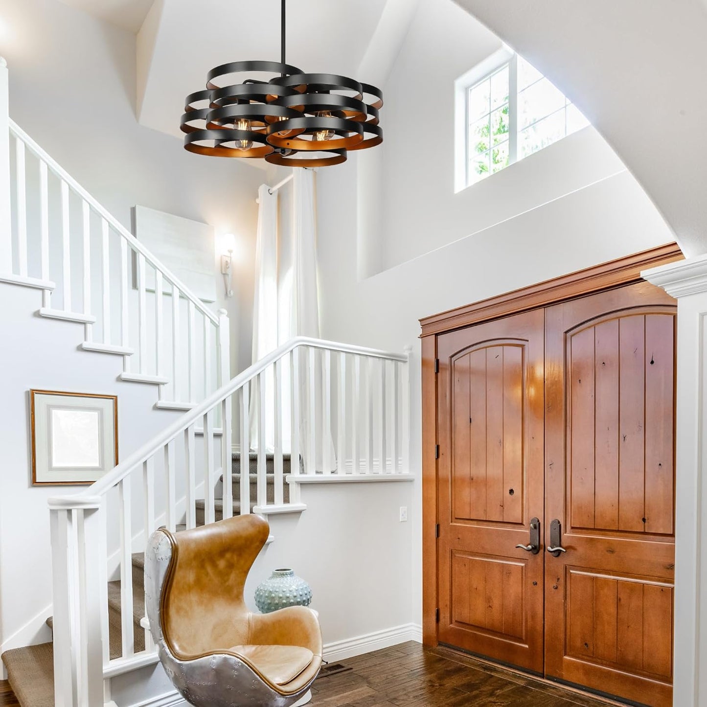 6-Light Modern Farmhouse Chandeliers for Dining Room, Rustic Multiple Rings Pendant Lighting, Industrial Metal Round Chandelier for Kitchen Entryway, Black with Gold Interior