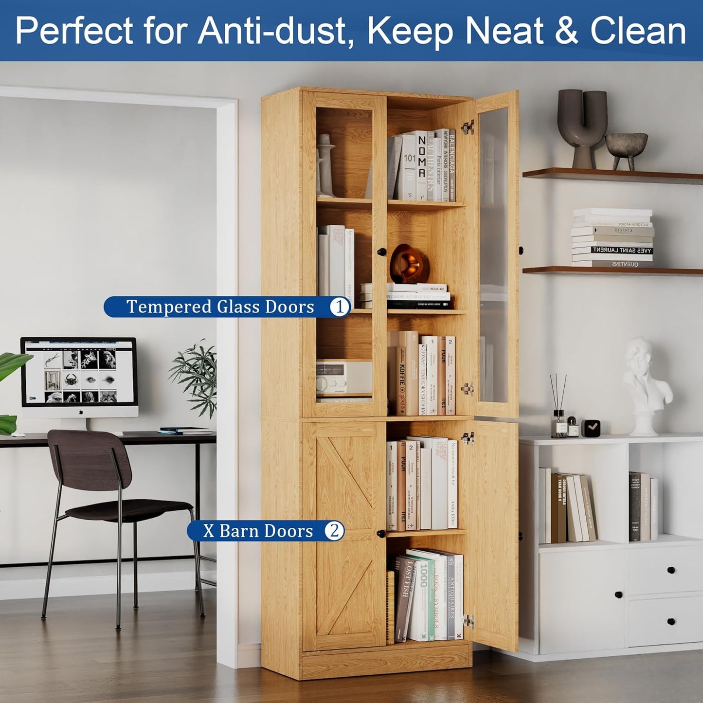 Bookcase with Doors, Tall Cabinets Storage Shelves, 5 Tier Bookshelf with Storage Cabinet, Light Wood Rustic Display Shelf Home Decor Furniture for Office, Living Room, Bedroom, Kitchen, Dining Room