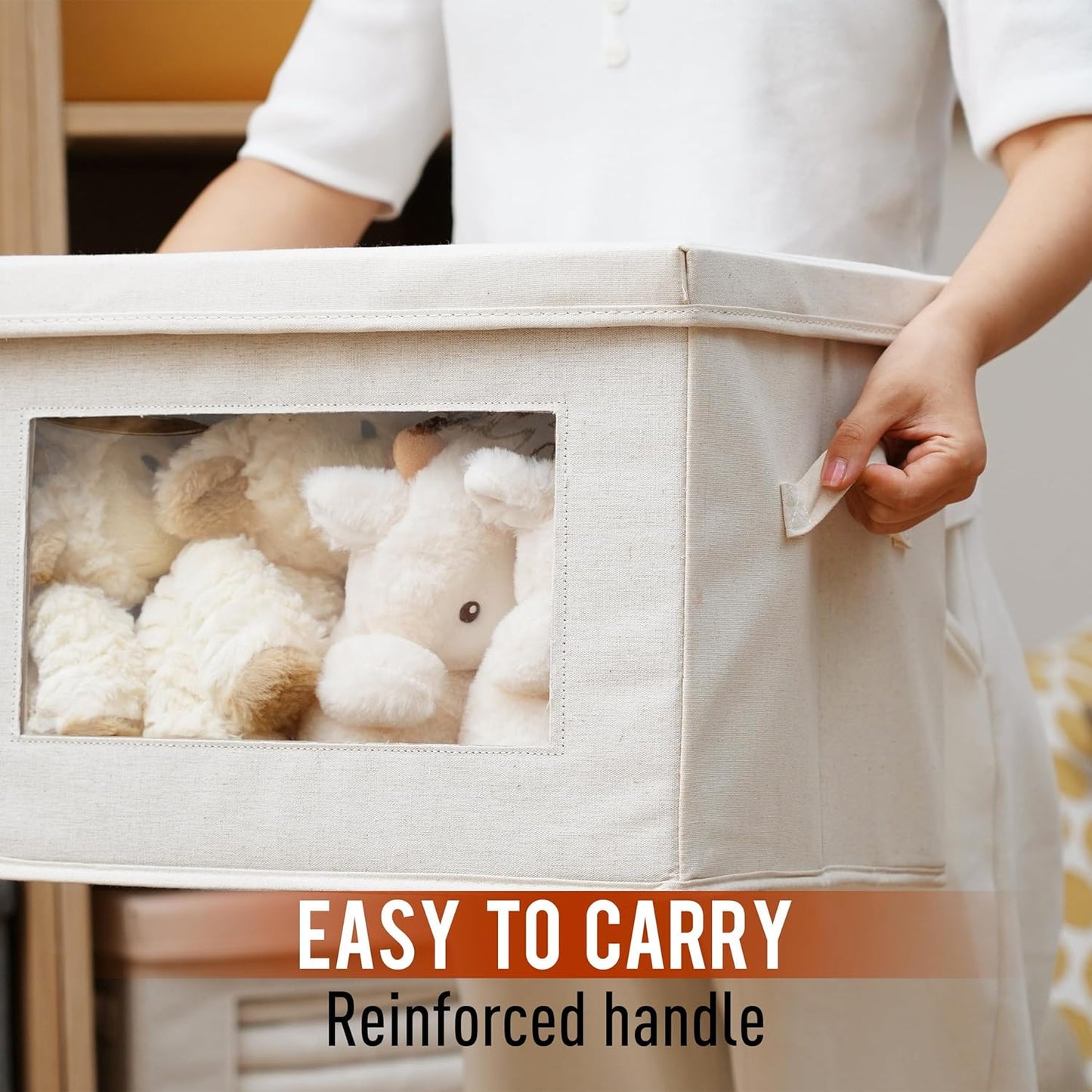 Citylife 3 Pack Storage Bins with Lids, Fabric Foldable Storage Bins with Soft Cord Handles, Canvas Storage Bin with Lid for Organizing Clothes, Blankets and Books, Beige