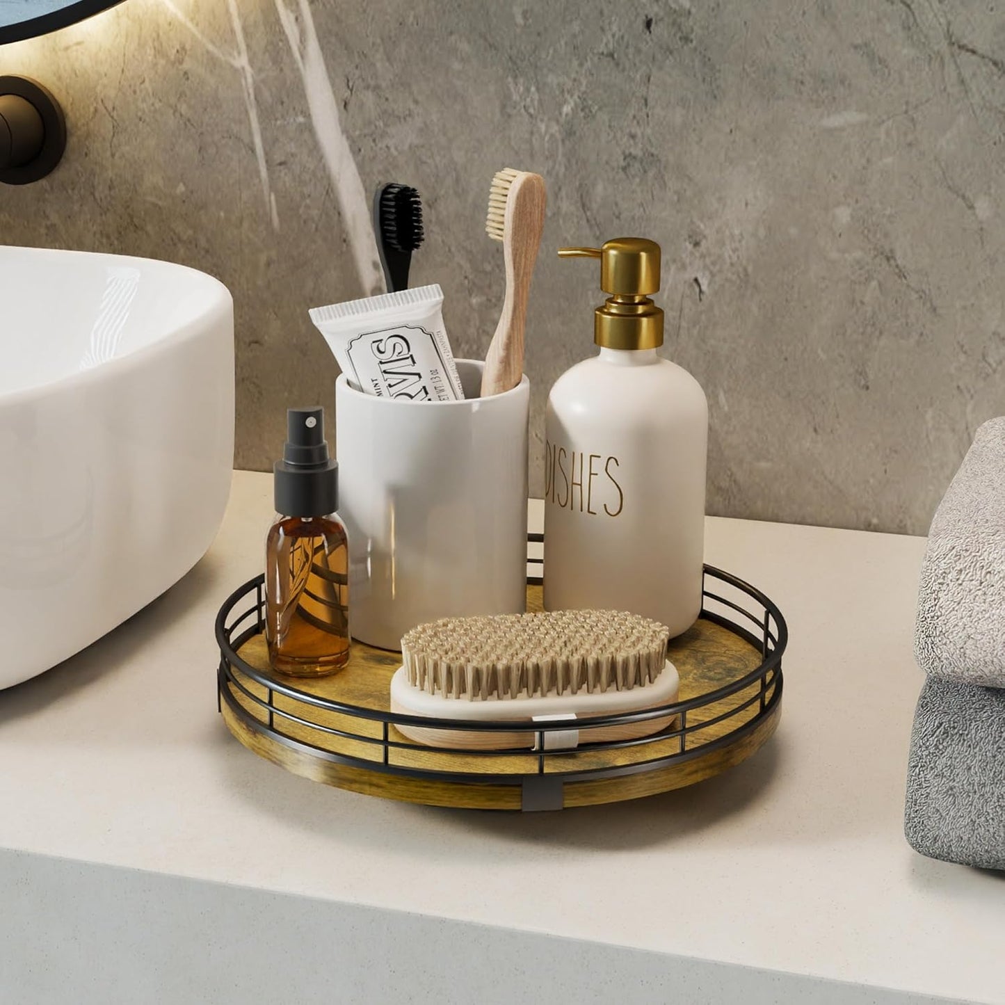 Lazy Susan Turntable Organizer for Table Top, 10’’ Round Wooden Lazy Susan for Cabinet Kitchen Countertop Pantry Dining Coffee Table for Condiments Spices, Rustic Bathroom Vanity Tray for Soap Candle