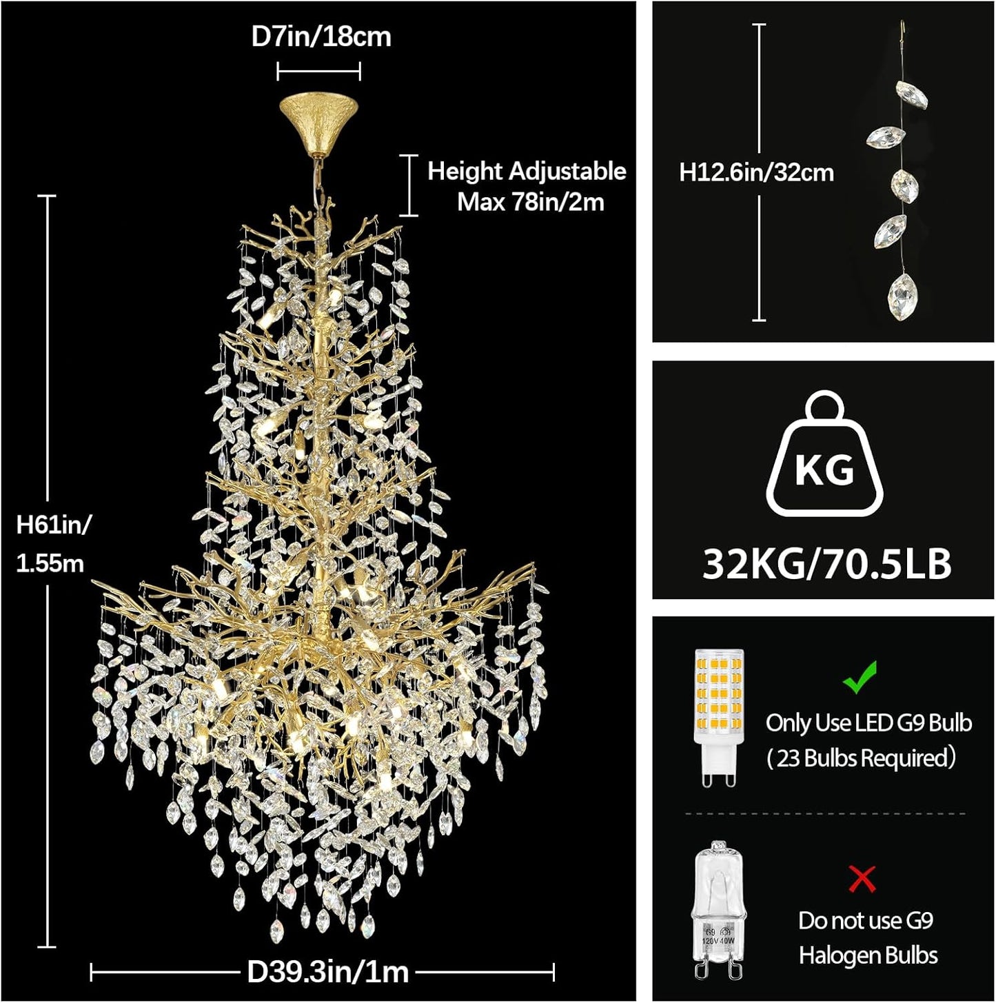 H61'' Modern Gold K9 Crystal High Ceiling Chandeliers, 23-Lights Staircase Chandeliers,Luxury Large Crystal Tree Branch Chandelier, D40'' Foyer Chandelier,For Living Room,Entryway,Dining Room