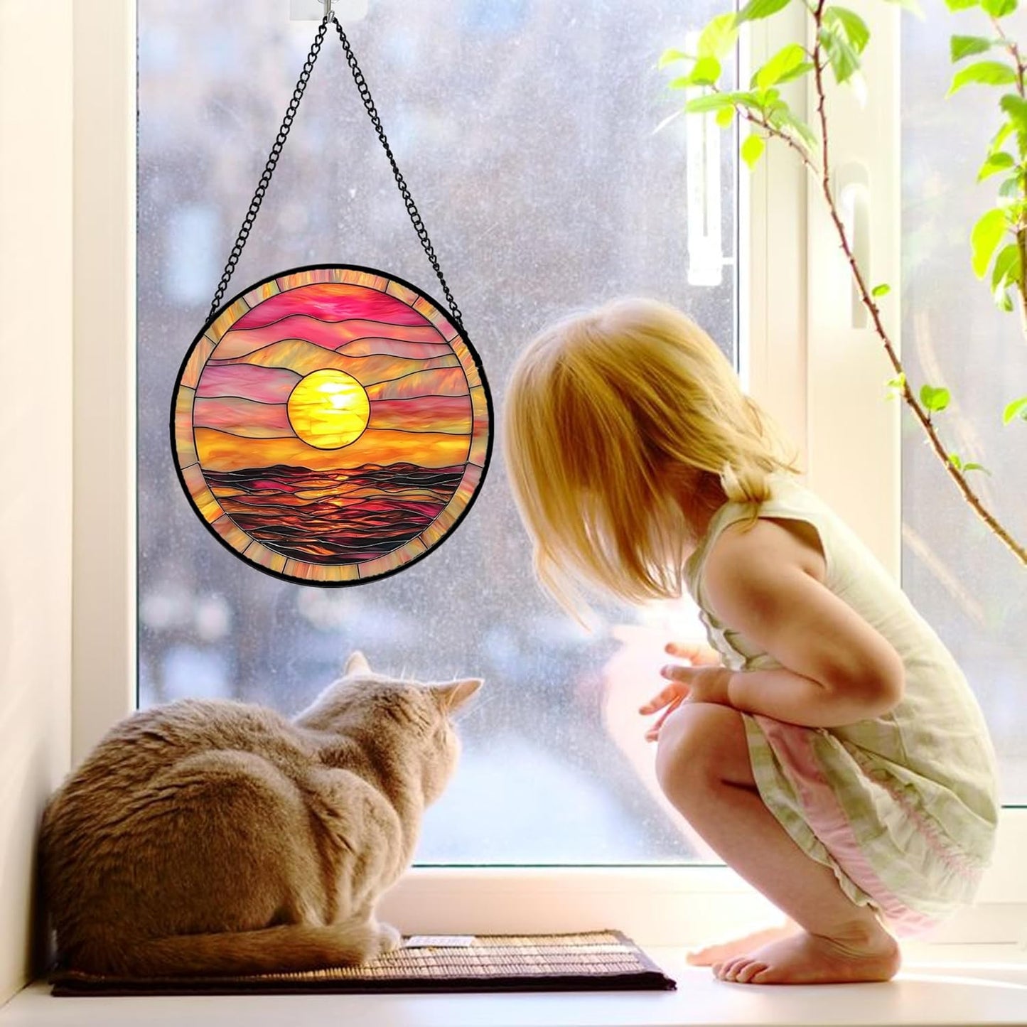 Stained Glass Window Hanging, Sunrise Sea Surface Sun Catchers Diamond Glass Panel Hangings Abstract Suncatcher Decor for Birthday for Women, Men, Wife, Aunt, and Mom 6.3 in