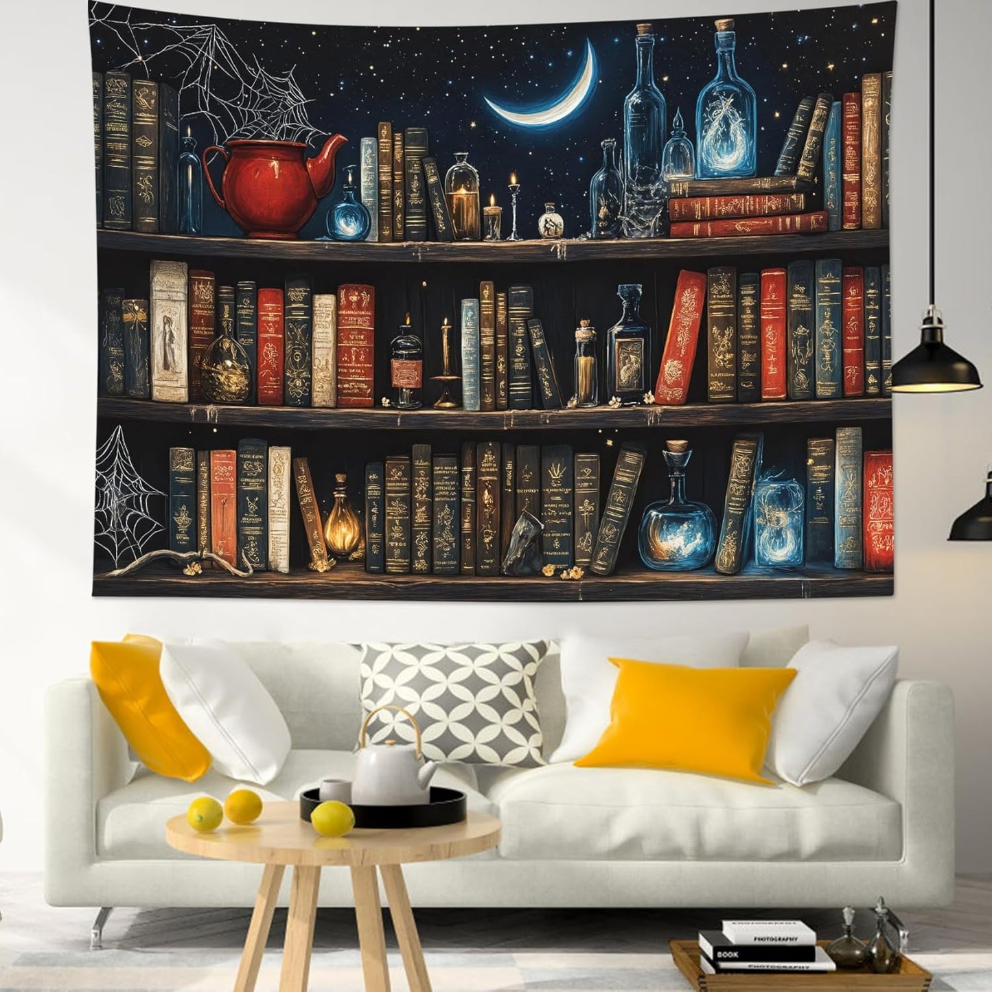 LB Fantasy Bookshelf Tapestry, Horror Spider and Vintage Book with Moon Wall Tapestry for Bedroom Aesthetic, Trippy Galaxy Wall Art for Living Room Dorm Home Decor Ready to Hanging, 59 x 51 Inches
