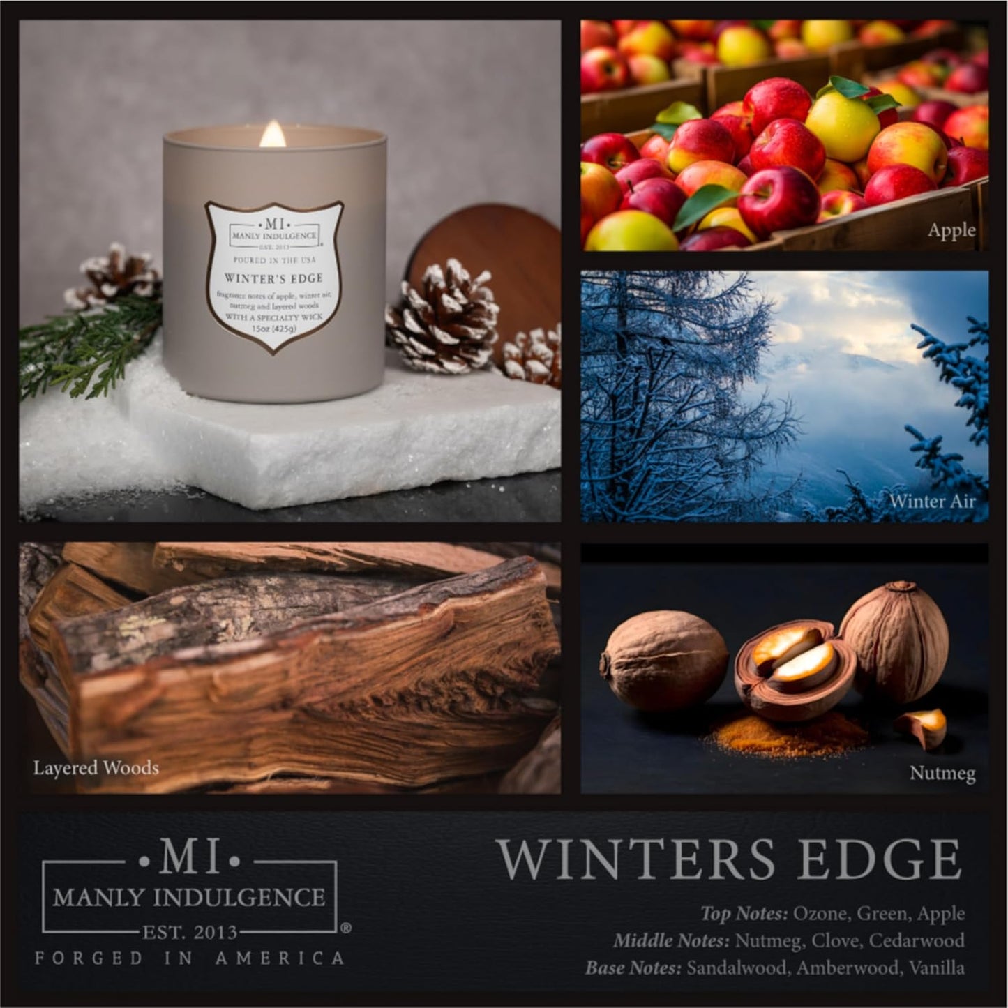 Manly Indulgence Winters Edge Scented Candles for Men, 15 oz Wooden Wick, Premium Soy Blend Wax, 60H Burn, Candles for Home Scented - Made in The USA