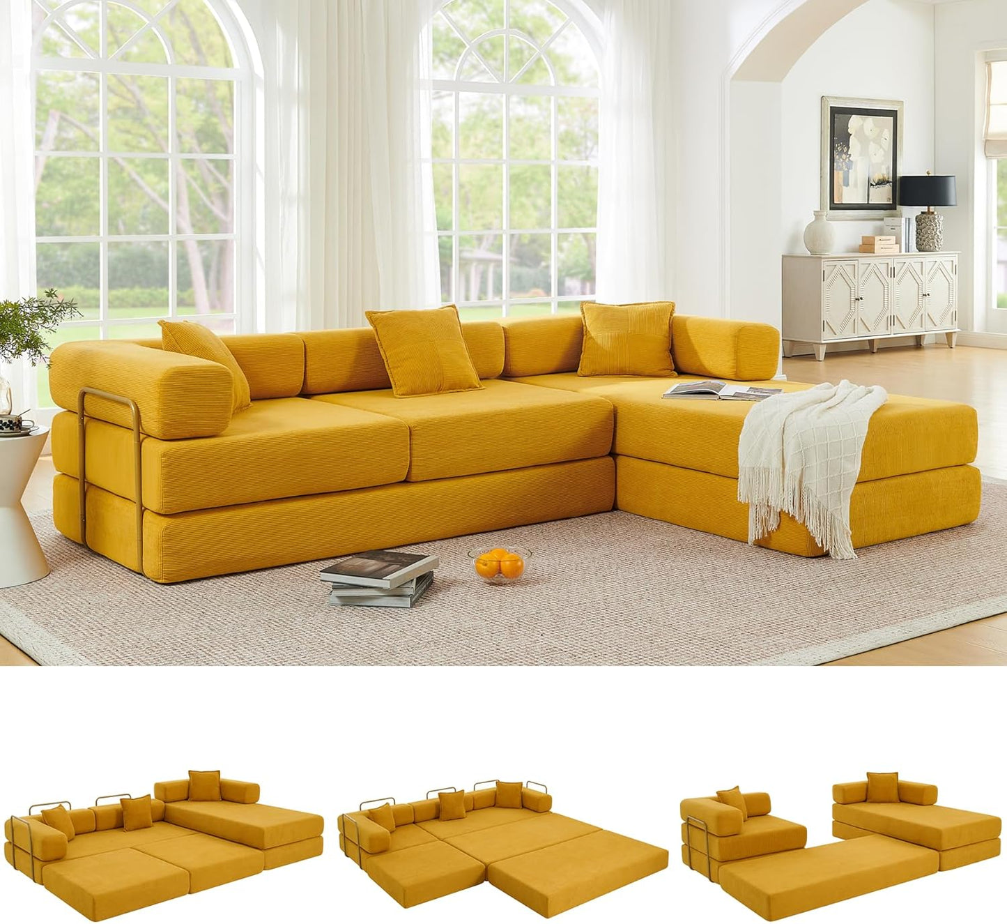 108" Oversized Convertible Sleeper Sofa Bed, Corduroy L Shape Sectional Couch, Folding Sofa Bed with Side Pocket, Modern Cloud Floor Mattress Couch, Modular Sofa for Living Room, Yellow