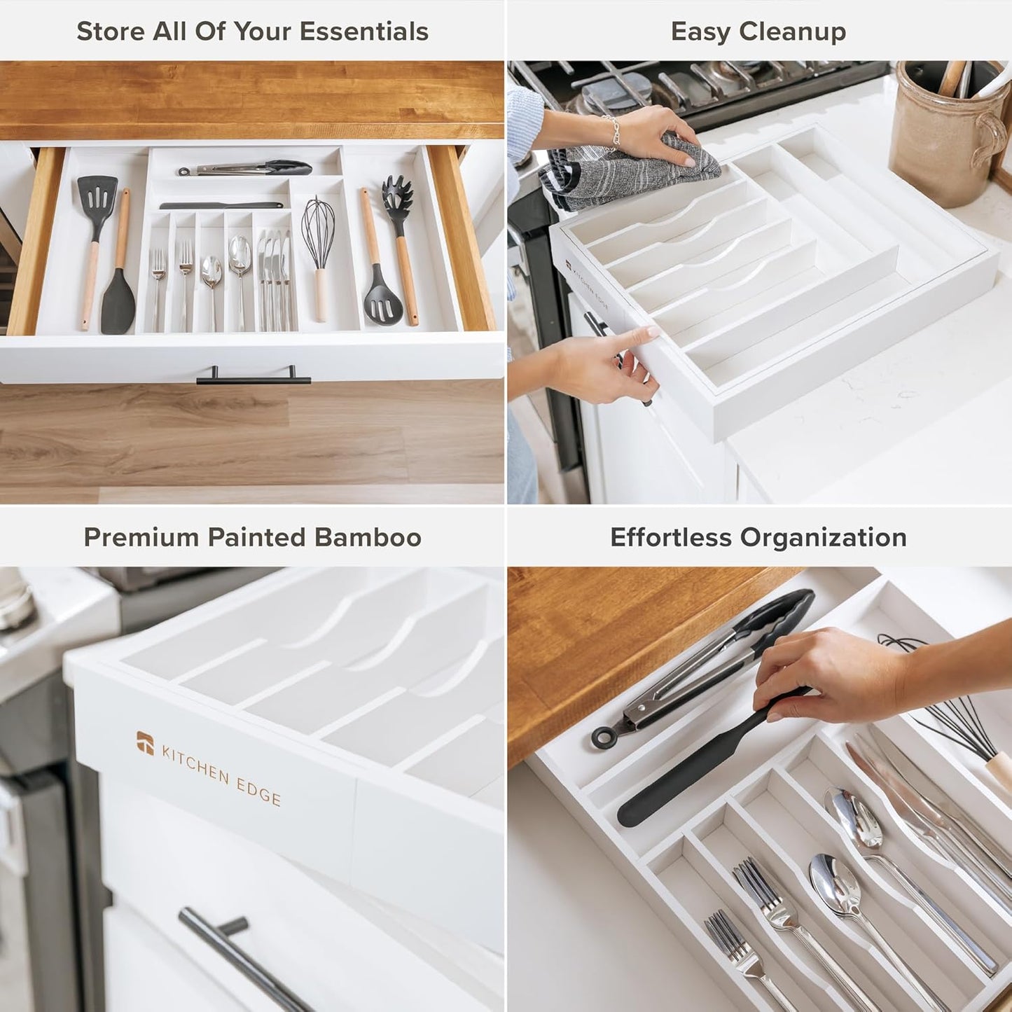 Premium Silverware, Flatware and Utensil Organizer for Kitchen Drawers, Food-Safe Contract Grade, Expandable from 16 to 28 In, White Bamboo