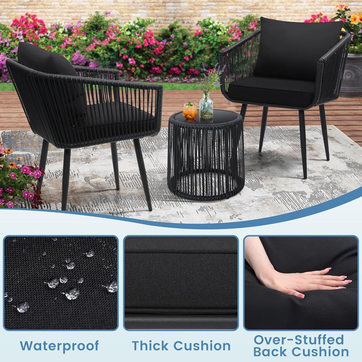 Kromax 3 Pieces Patio Rattan Bistro Conversation Set, Outdoor All-Weather Wicker Furniture Chairs and Side Table Set Ideal for Balcony, Porch and Backyard, Black