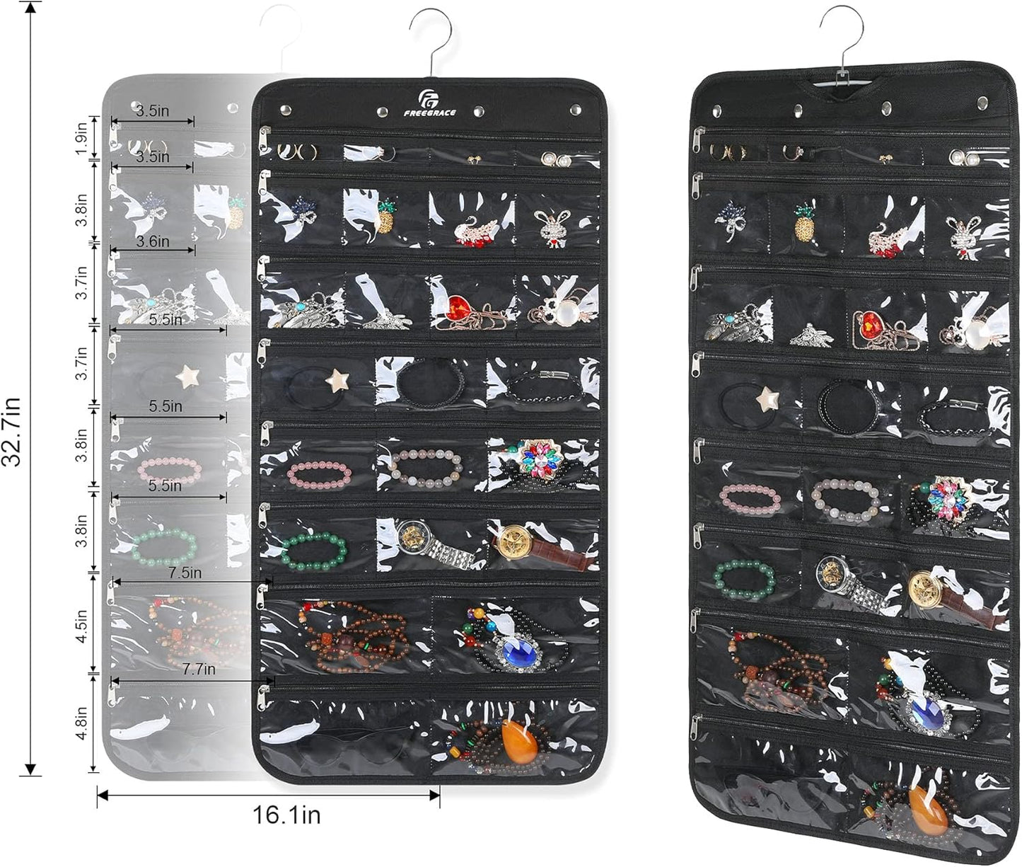 Freegrace Hanging Jewelry Organizer Revolving Hanger - Secure Zipper Closure - 50 Pockets - Foldable Storage & Display Solution - for All Jewelry & Bijoux (Black)