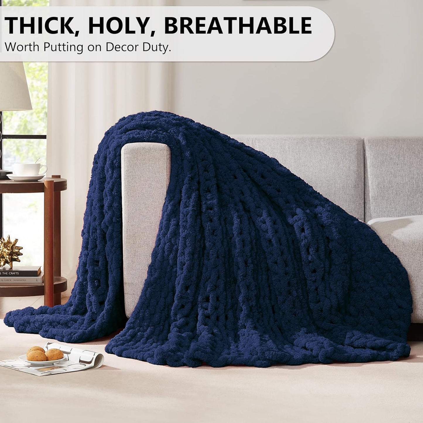 L'AGRATY Chunky Knit Blanket Throw - Soft Throw Blanket 60x80: 100% Hand Kintted Chenile Crochet Throw Blanket for Couch - Large Cable Knit Blanket for Home Decor(Dark Blue)