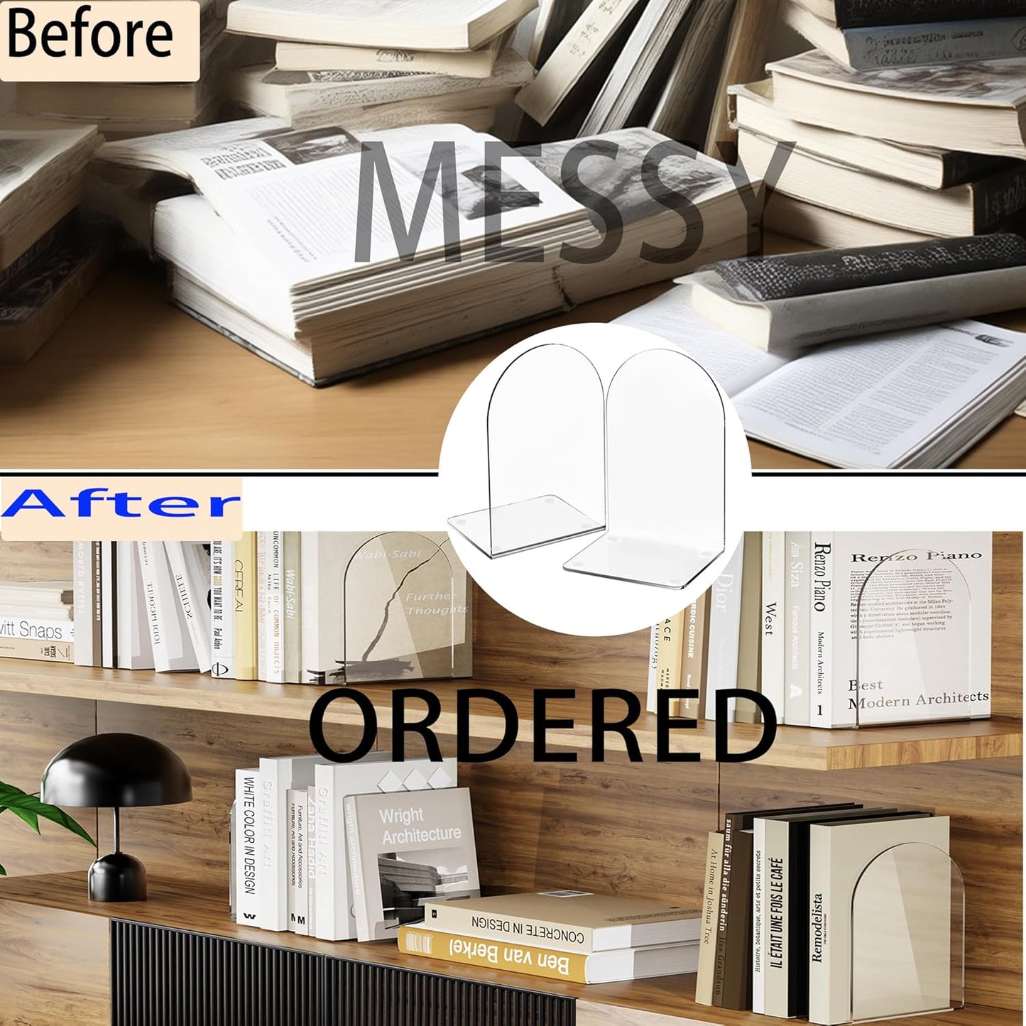 Lulonpon 4 Pieces Book Ends, Bookends, Books End for Shelves, Books End for Heavy Books, Clear Bookends, Acrylic Book Ends for School, Library,Desktop Organizer and Book Shelves