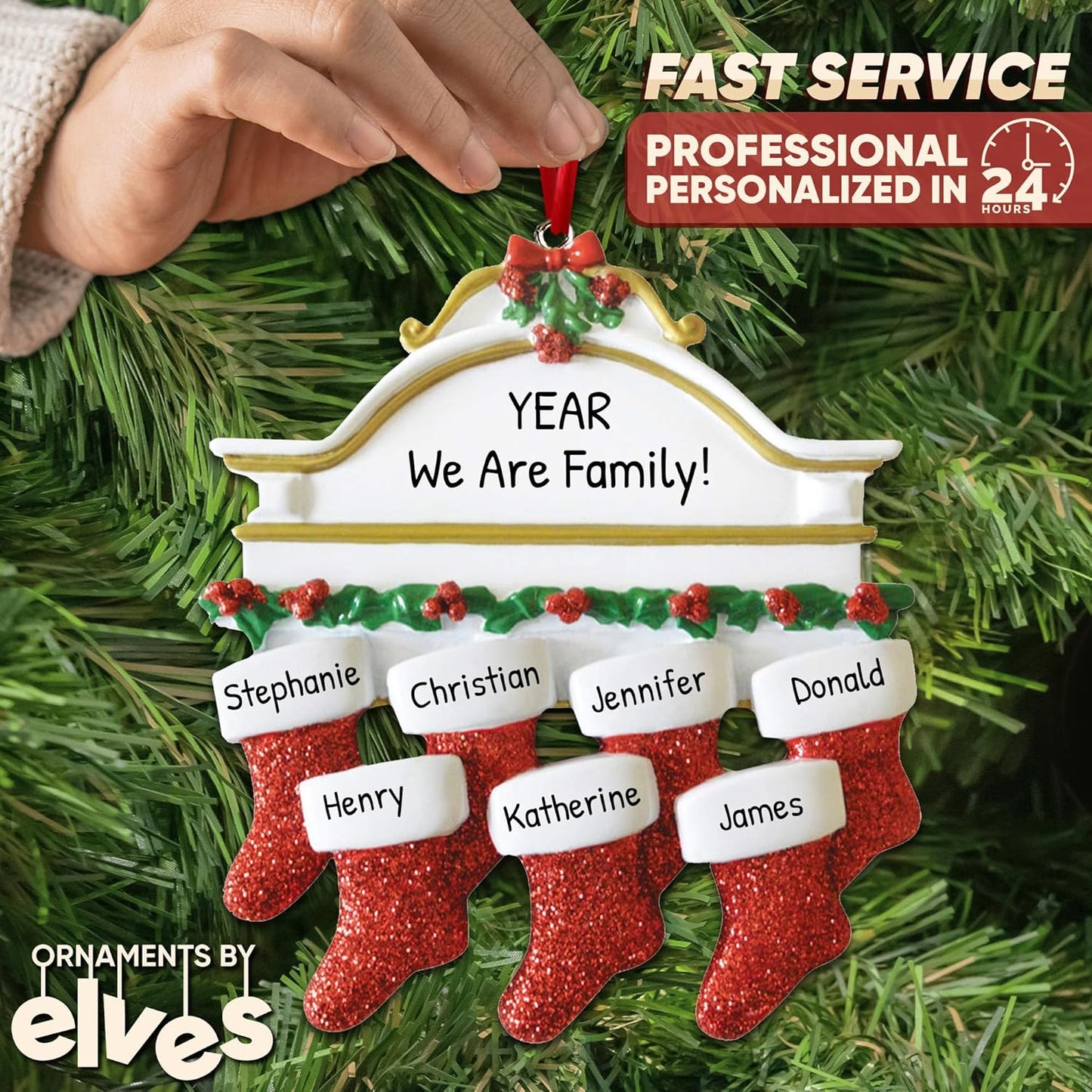 3D White Mantle Family of 7 Christmas Ornament 2025 Personalized Family Christmas Ornaments 2025 | Garland Fireplace Personalized Tree Ornaments Customizable Gifts Red Stockings of Seven Ornament