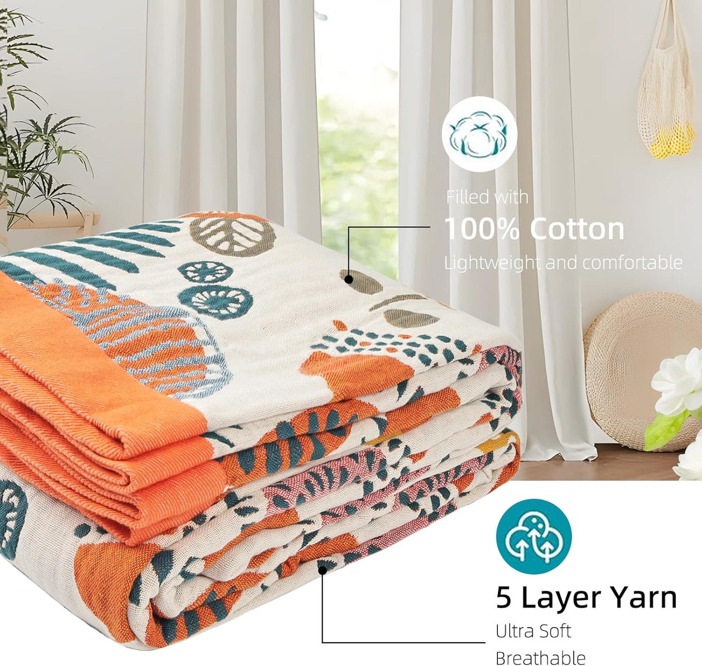 Boho Throw Blanket for Bed - 100% Pure Cotton Ultra Soft Rustic Quilt - Farmhouse Decor Bed Blankets, All Season Rustic Throw for Sofa Couch Chair(80''x 90'', Floral Print 2)