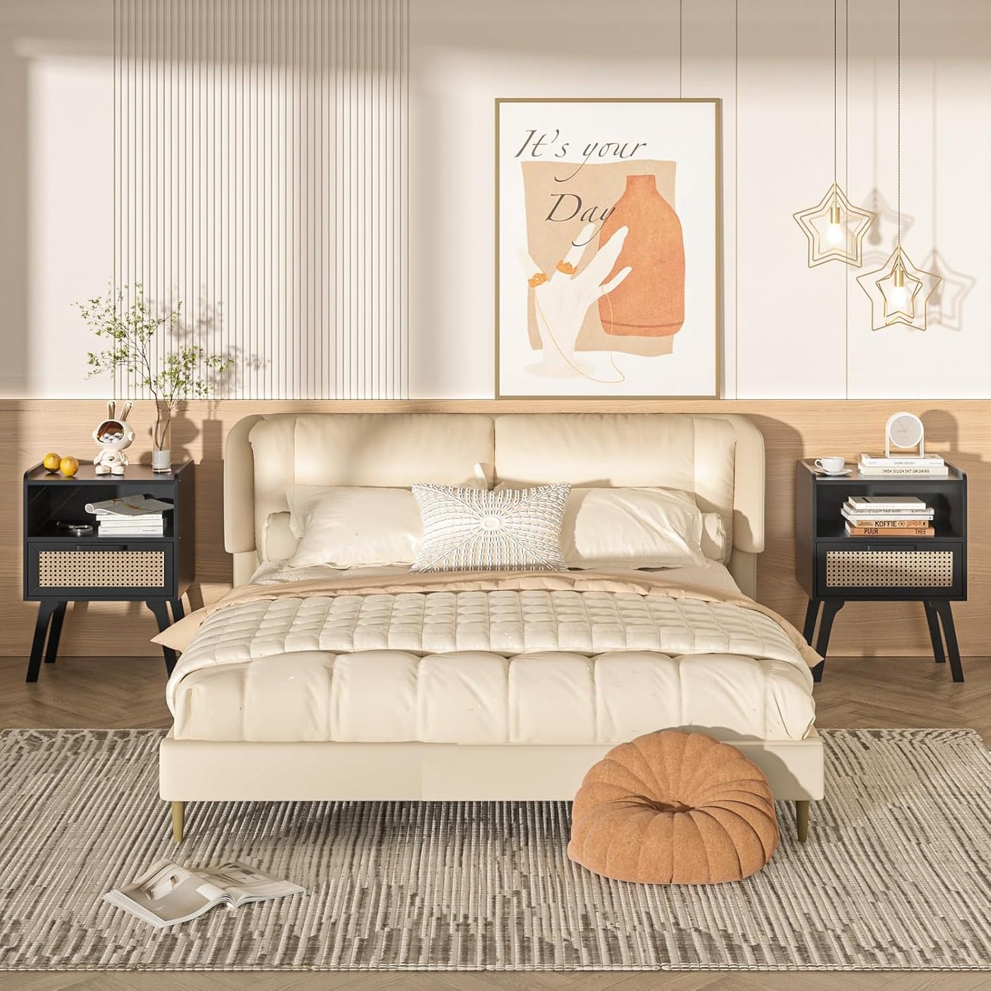 Lerliuo Rattan Nightstands Set of 2, Bedside Table with Drawer Open Shelf, Cane Accent Side End Table with Solid Wood Legs, Black Mid Century Night Stand for Bedroom, Dorm and Small Spaces