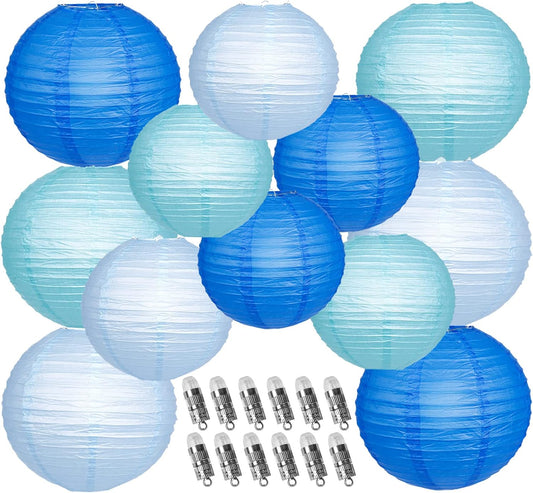 Paper Lanterns Decorative, Blue Hanging Paper Round Chinese Lanterns with Lights for Wedding Graduation Birthday Party 12 LED Light Pack of 12