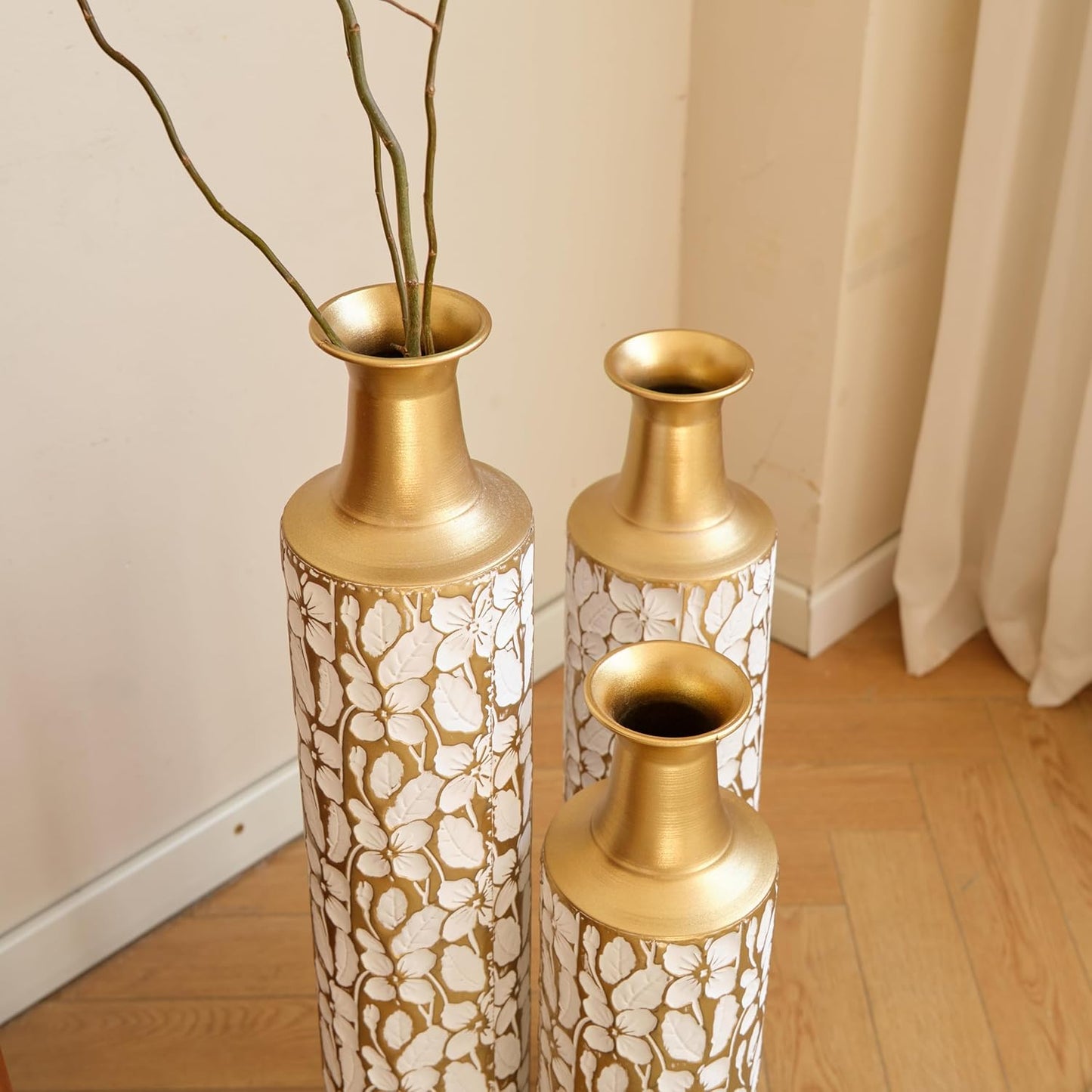 Medhansh Metal Floor Vase, Tall Floor Vase with Gold Twig Pattern, Antique White Finish (Set of 3)