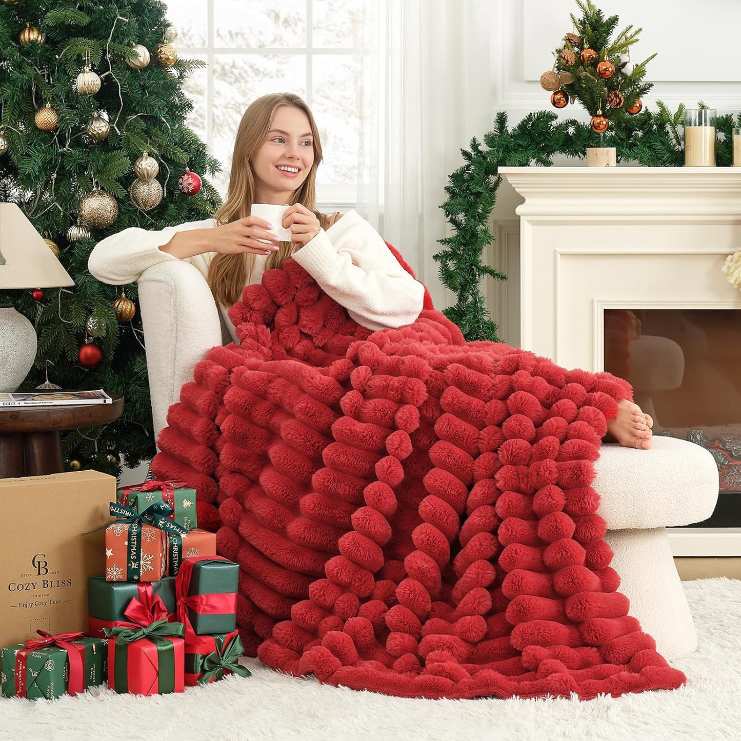 Cozy Bliss Faux Fur Throw Blanket for Couch, Cozy Warm Plush Striped Blanket for Sofa Bedroom Living Room,60 * 80 Inches Cardinal Red