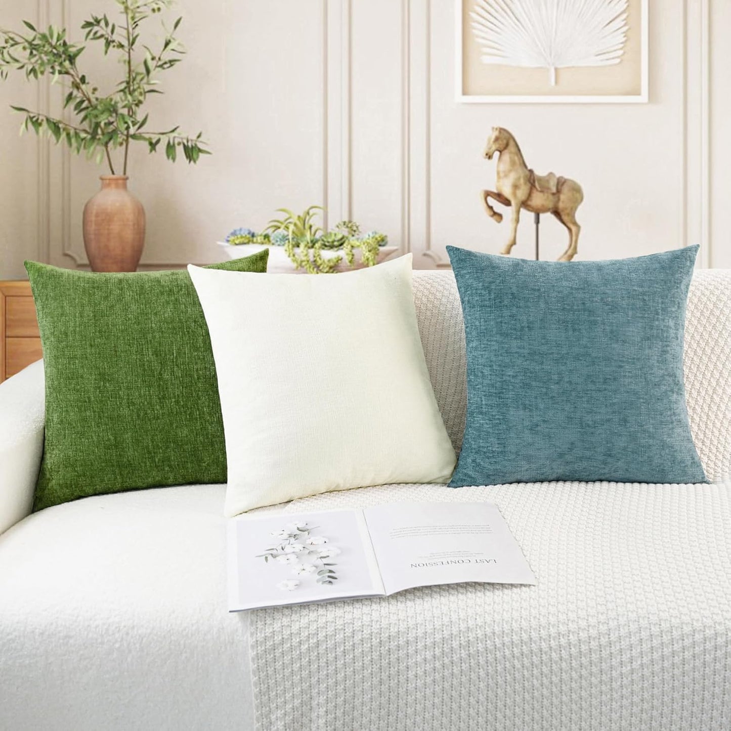 CaliTime Throw Pillow Covers Decorative 20 X 20 Inches Pack of 2 Cozy Chenille Cushion Cases for Couch Sofa Bed Living Room Home Forest Green