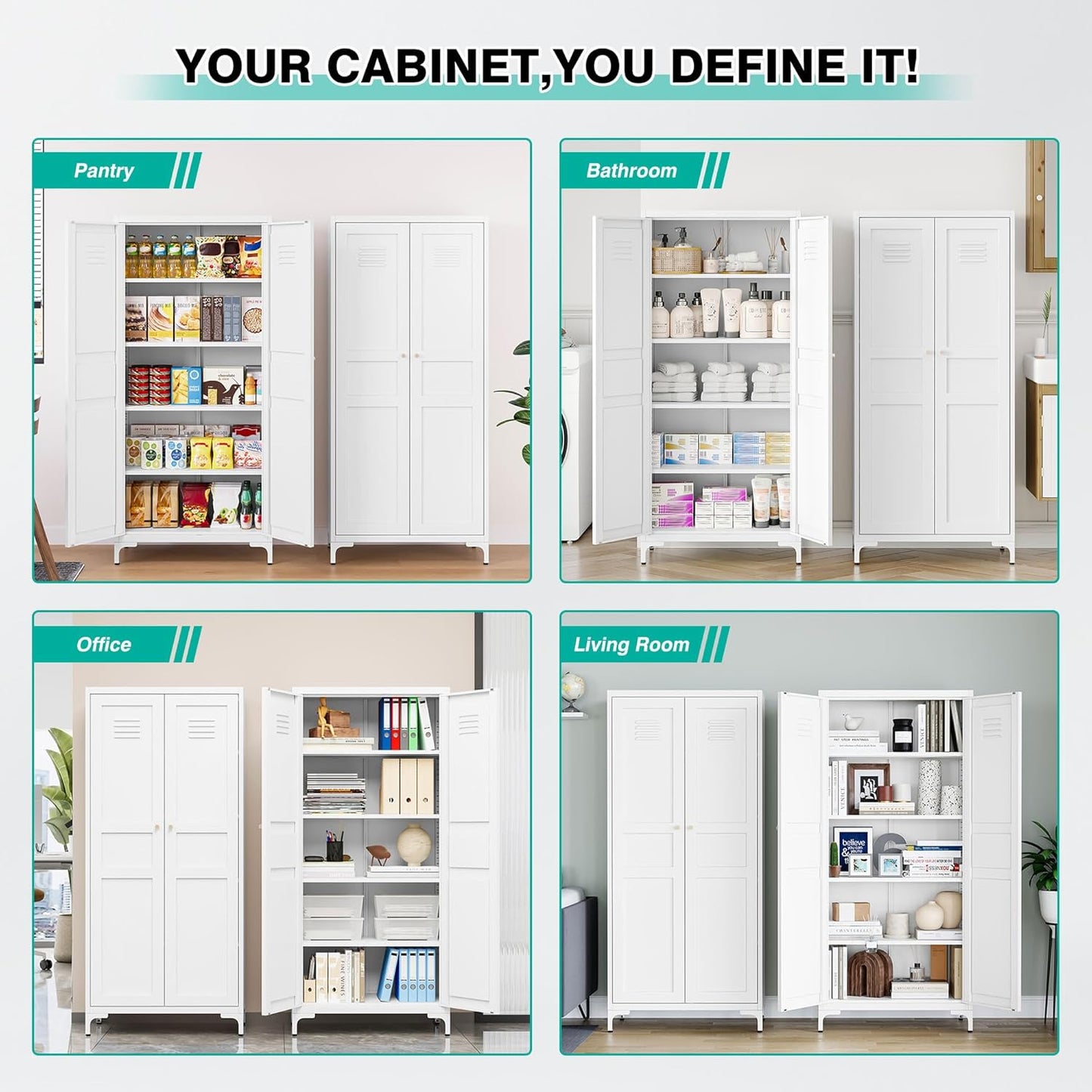 SISESOL Metal Storage Cabinet with Doors and Shelves,White Storage Cabinet with Leg & Vent Hole,Food Pantry Cabinets,5 Tier Metal Pantry,Tall Large Cupboard for Home,Kitchen,Dining/Living/Laundry Room