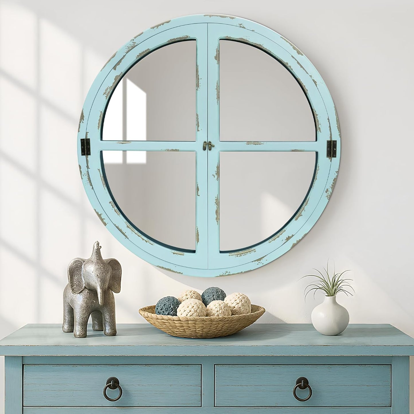 30" Round Window Mirror, Vintage Coastal Wall Mirror with Distressed Blue Wood Frame & Faux Windowpanes, Farmhouse Cottagecore Decor for Living Room, Entryway, or Dining Room