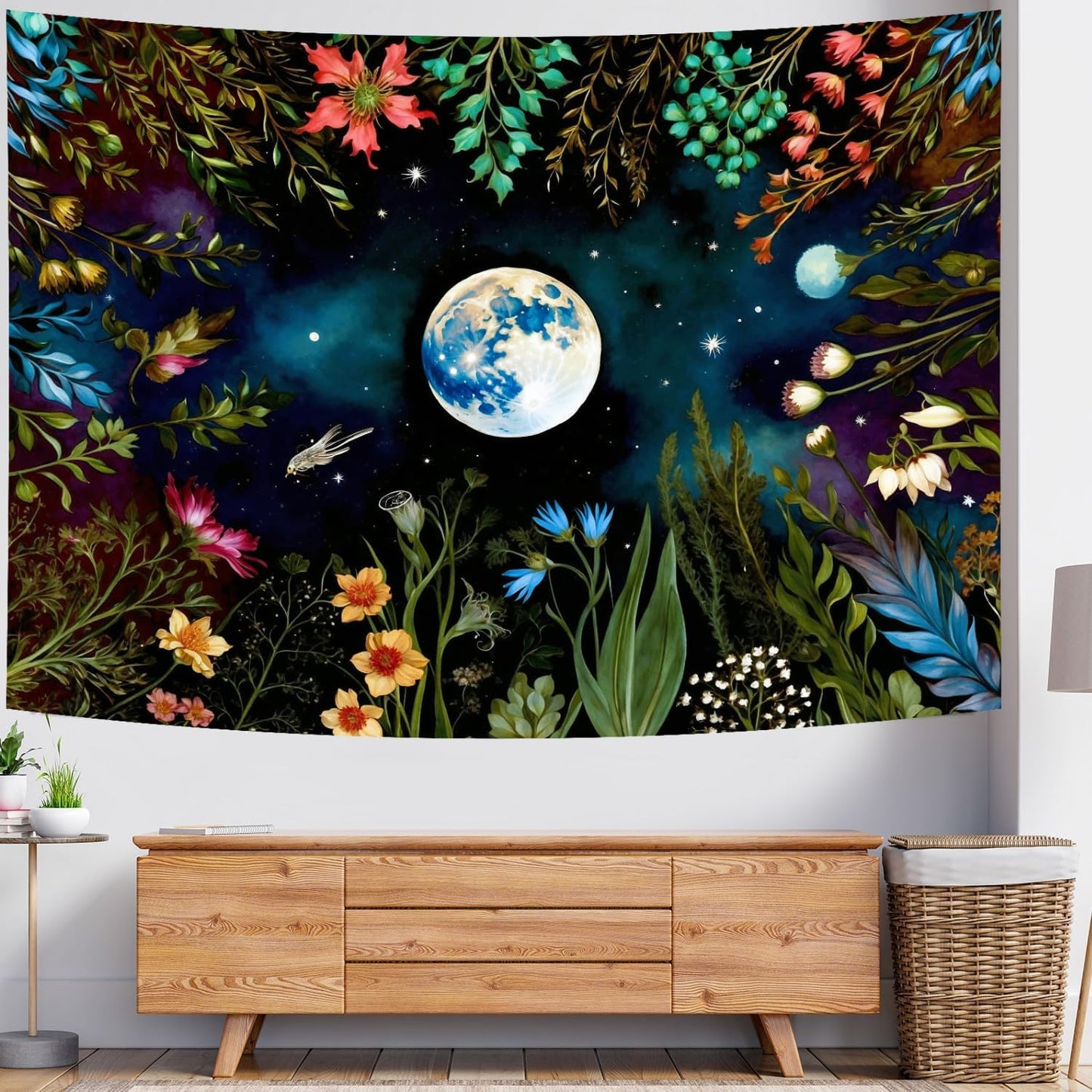 Delur Moonlit Garden Tapestry Boho Moon Floral Plant Tapestry Wall Hanging Colorful Flower Botanical Nature Night Landscape Headboard for Bedroom Living Room Home Decor (59.1" x 78.7")