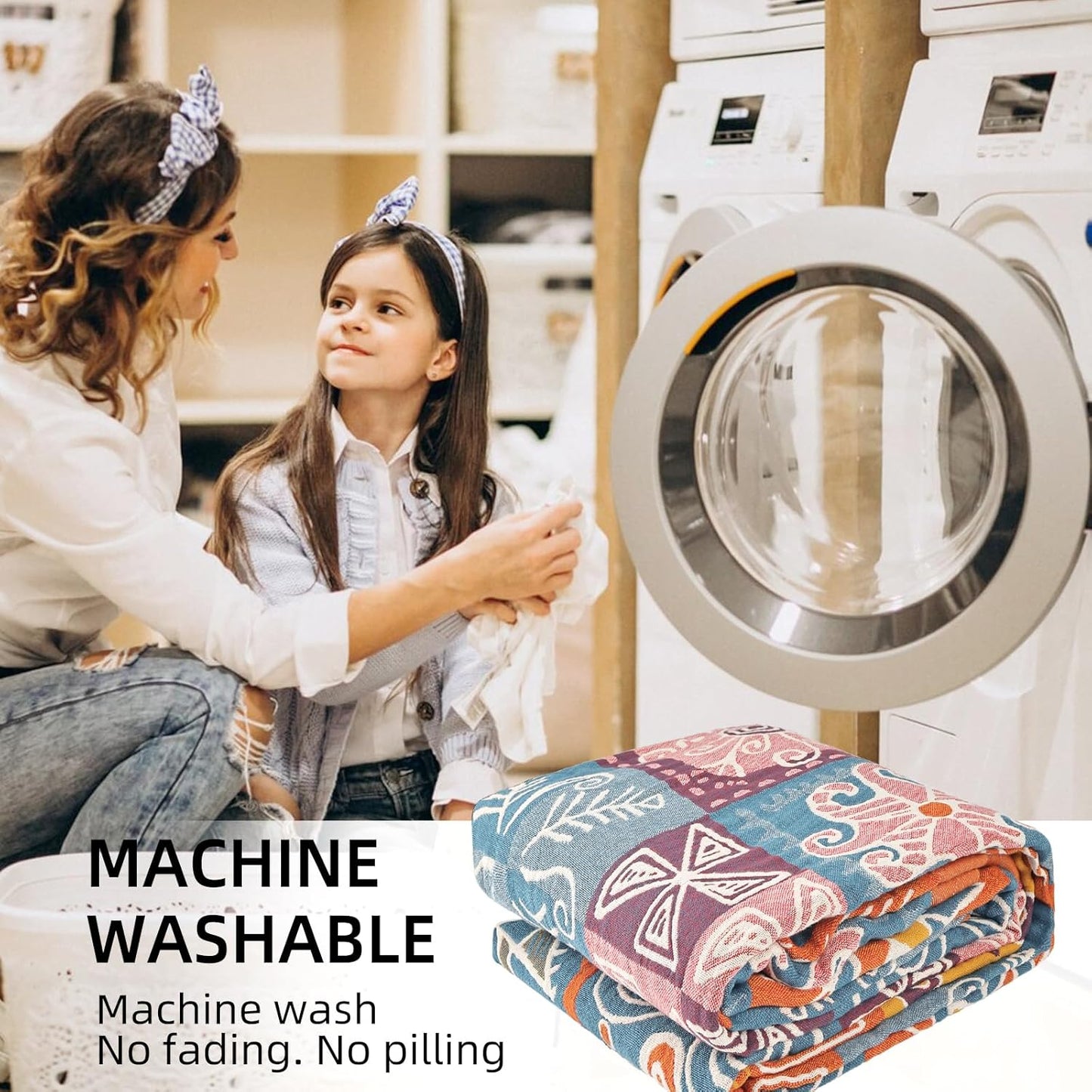 Boho Throw Blanket for Bed - 100% Pure Cotton Ultra Soft Rustic Quilt - Farmhouse Decor Bed Blankets, All Season Rustic Throw for Sofa Couch Chair(60"×80", Art Squares)