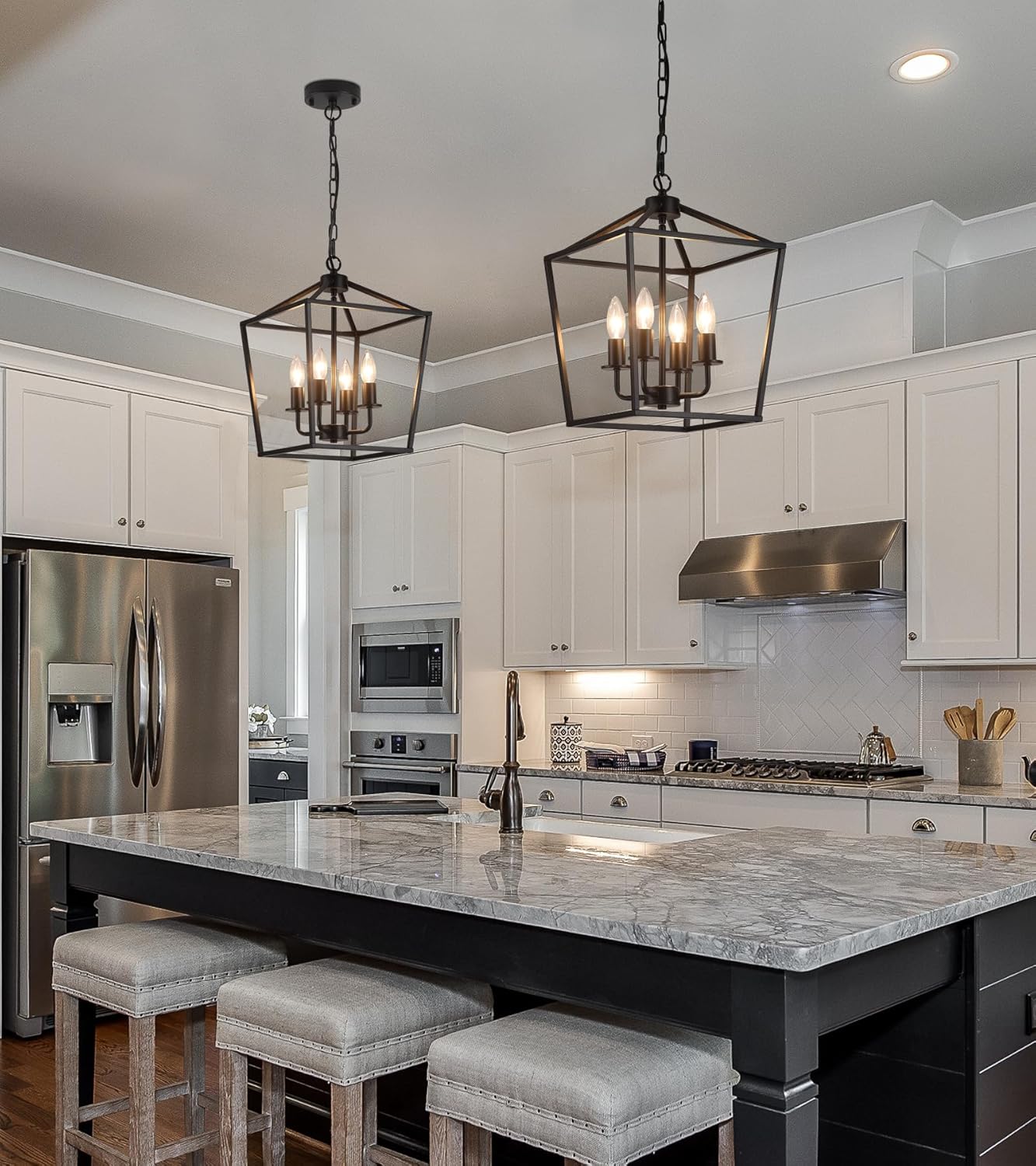 AMZASA UL Listed Black Industrial 4 Light Lantern Chandelier Ceiling Light Fixtures Farmhouse Metal Cage Rustic Geometric Pendant Light for Kitchen Island Entryway Dining Room Stairs and Hallway