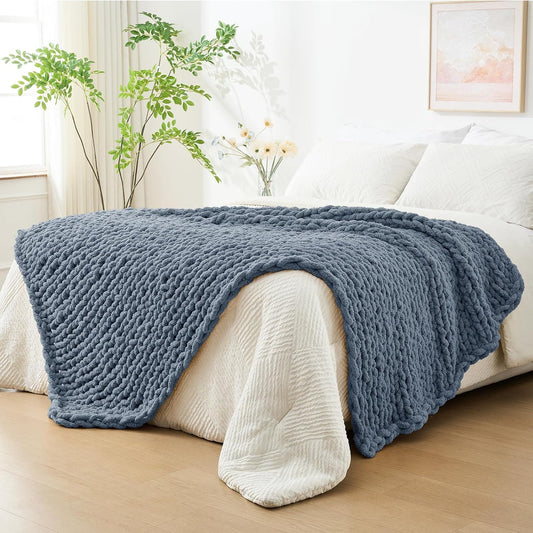 Bigacogo Chunky Knit Throw Blanket for Couch, 40x80 inches, 100% Hand Knitted with Thick Jumbo Chenille Yarn, Cozy Soft Large Rope Knot Cable Crochet Blankets for Sofa Bed Living Room, Cold Sea Blue