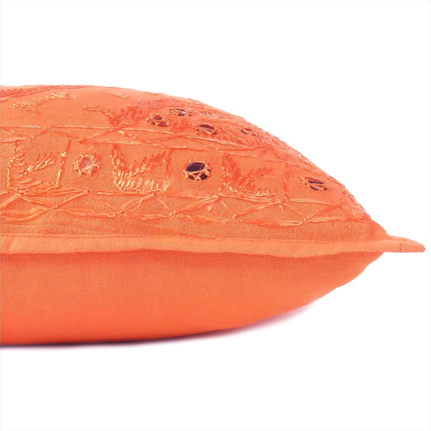 Eyes of India Embroidered Decorative Boho Throw Pillow Cover with Mirrors, Handmade Bohemian Accent Cushion Case for Sofa Couch Bedroom Living Room (Orange, 16" x 16")